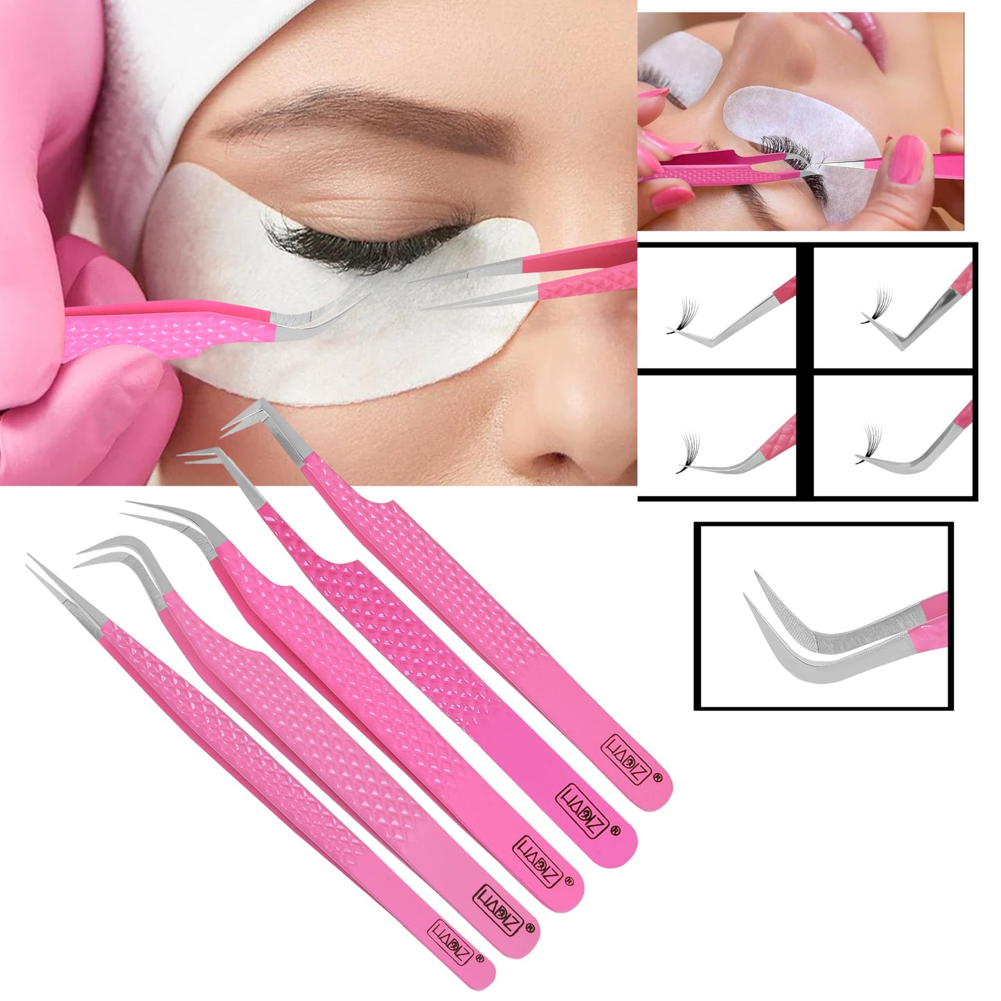 HADIZ Fiber Tip Eyelash Extension tweezers Lash Tweezer Japanese Steel set of five (Raspberry)