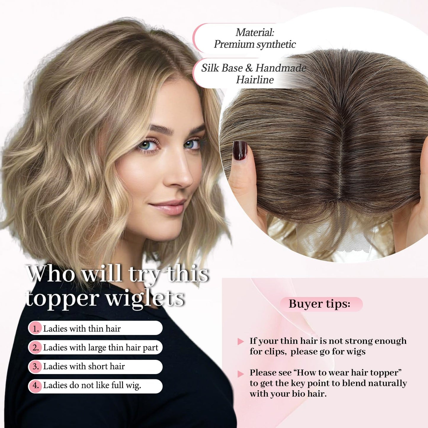 10 Inch Short Wavy Hair Topper for Women | Synthetic Lightweight Hairpiece - 6.5"x6.5" Base, Natural Volume Booster