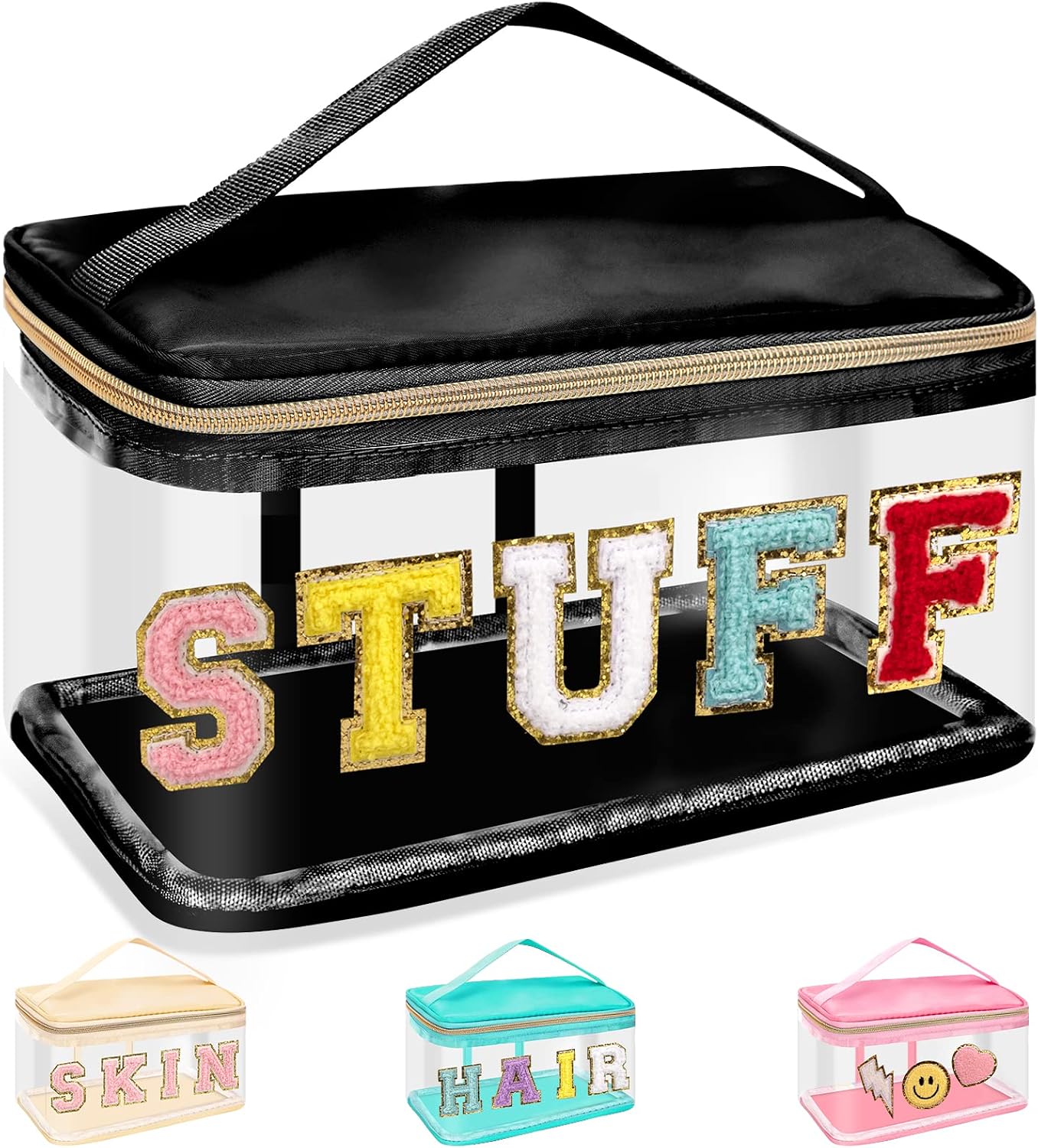 Clear Makeup Bag - Chenille Letter Hair Pouch | Waterproof Glitter Cosmetic Handbag for Travel - Green