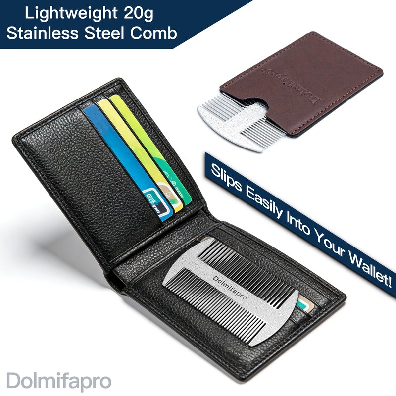 Dolmifapro 304 Stainless Steel Pocket Beard Comb for Men, Anti-Static Dual Fine Coarse Teeth Ultra-Thin Mustache Hair Grooming Comb with PU Leather Case (silvery)