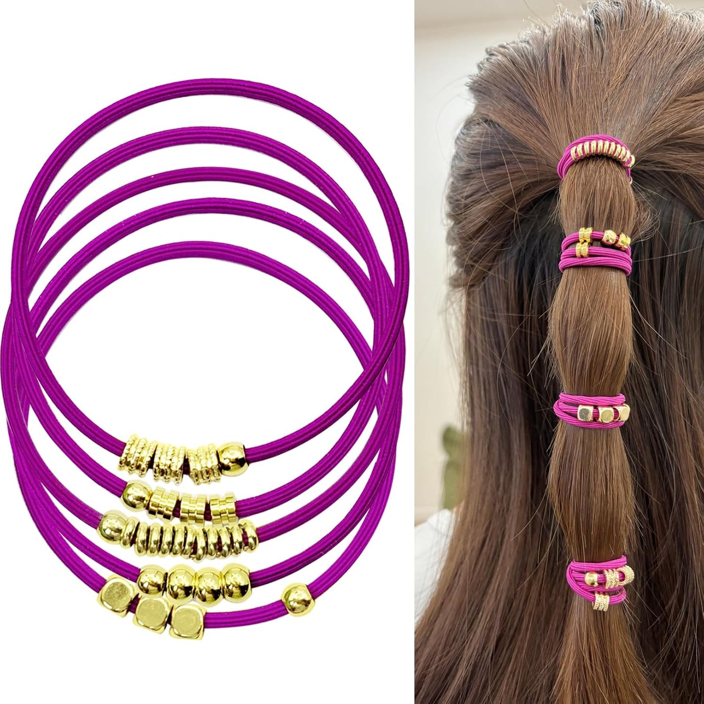 Blonde Boho Hair Ties Bracelet - Trendy Elastic Ponytail Holders with Gold Bead | Ideal for Thick, Thin, Curly Hair (Beige)