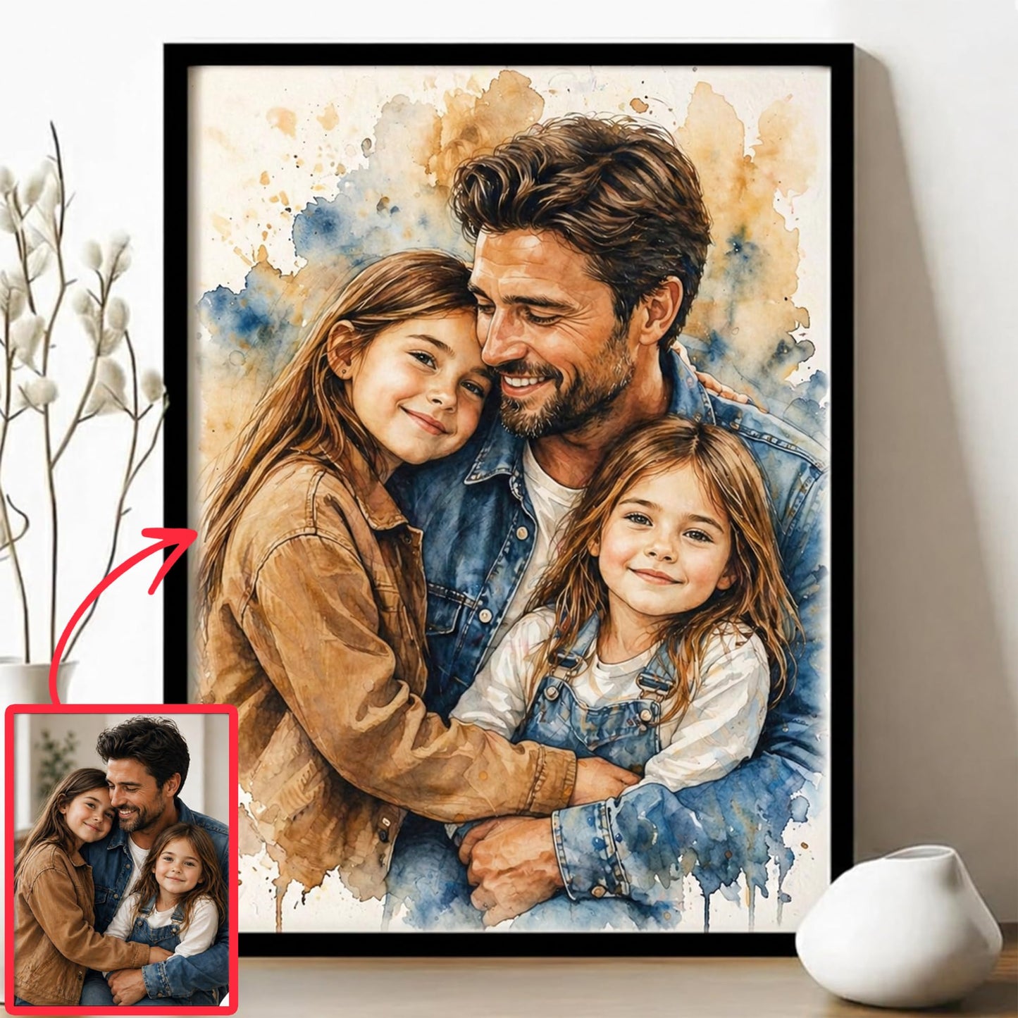Noni Personalized Family Portrait Wall Art, Custom Watercolor Portrait From Photo, Personalized Family Art, Father's Day, Birhtday Gifts, Custom Dad - Grandpa Photo Gifts, Canvas For Daddy, Papa 1