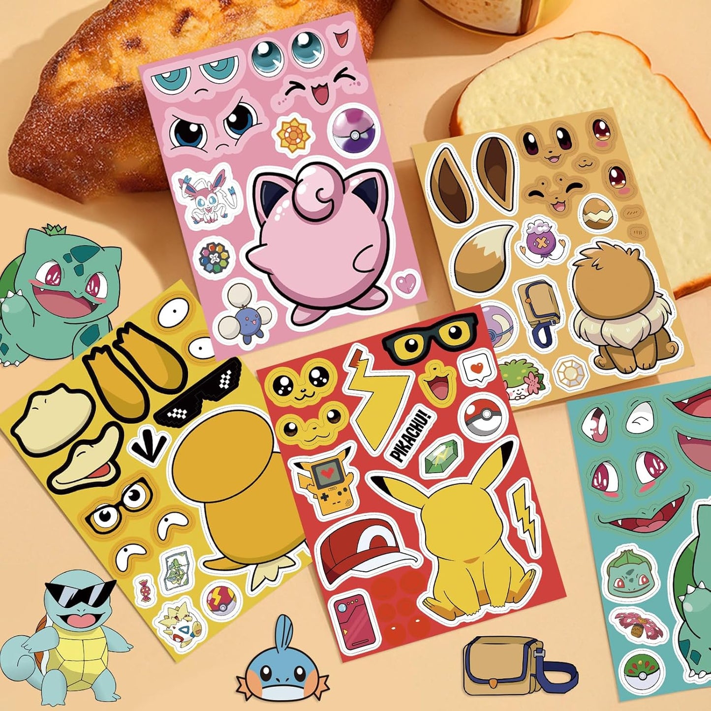 Pokémon Stickers - Cute Cartoon Monster Characters for DIY Projects | Kawaii Make-a-Face Party Favors (24 Sheets)