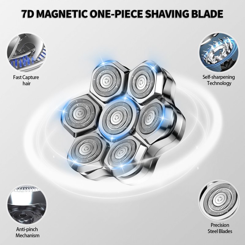 Universal Head Shaver Replacement Heads Magnetic 7 Blades Head Shavers Replacement Blades for Bald Men Compatible with Freebird Shaver & Other Brands (silver6)