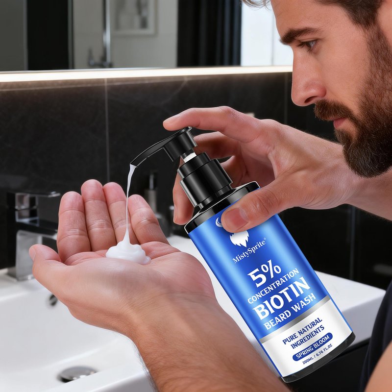 MistySprite 5% Biotin Beard Shampoo for Men, Thickening & Volumizing Formula - Soothes Itchy Skin, Hydrates & Softens Dry Coarse Facial Hair, 6.7 oz Spring Bloom Scent