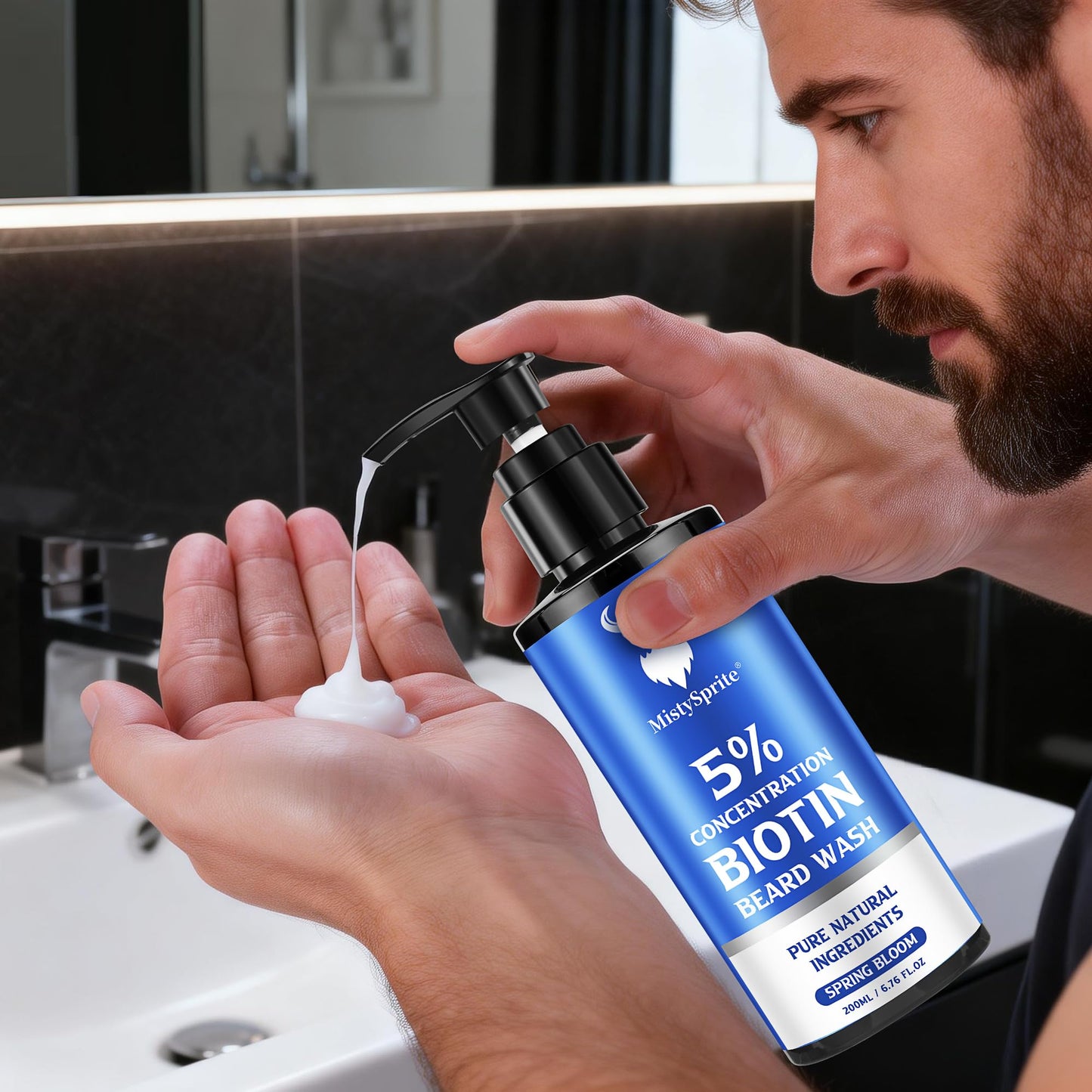 MistySprite 5% Biotin Beard Shampoo for Men, Thickening & Volumizing Formula - Soothes Itchy Skin, Hydrates & Softens Dry Coarse Facial Hair, 6.7 oz Spring Bloom Scent
