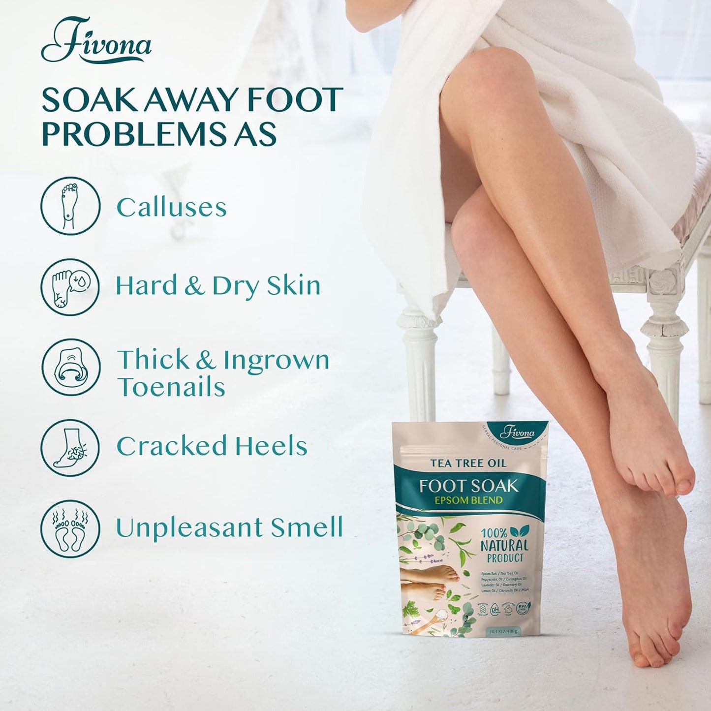 Tea Tree Foot Soak Blend - Epsom Salt with Essential Oils for Healthy Toenails | 14.1 oz, Soothing Relief & Callus Softening