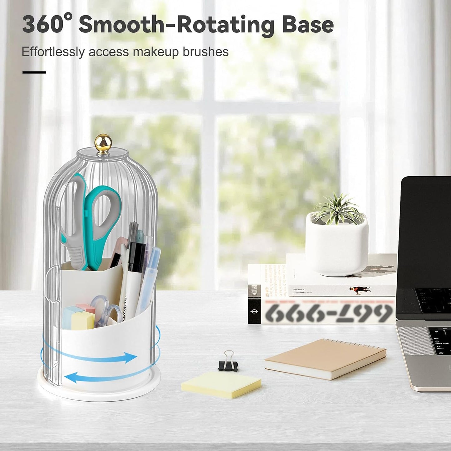 360° Rotating Makeup Brush Holder - Waterproof Three-Compartment Organizer | Dustproof Vanity Storage (Transparent)