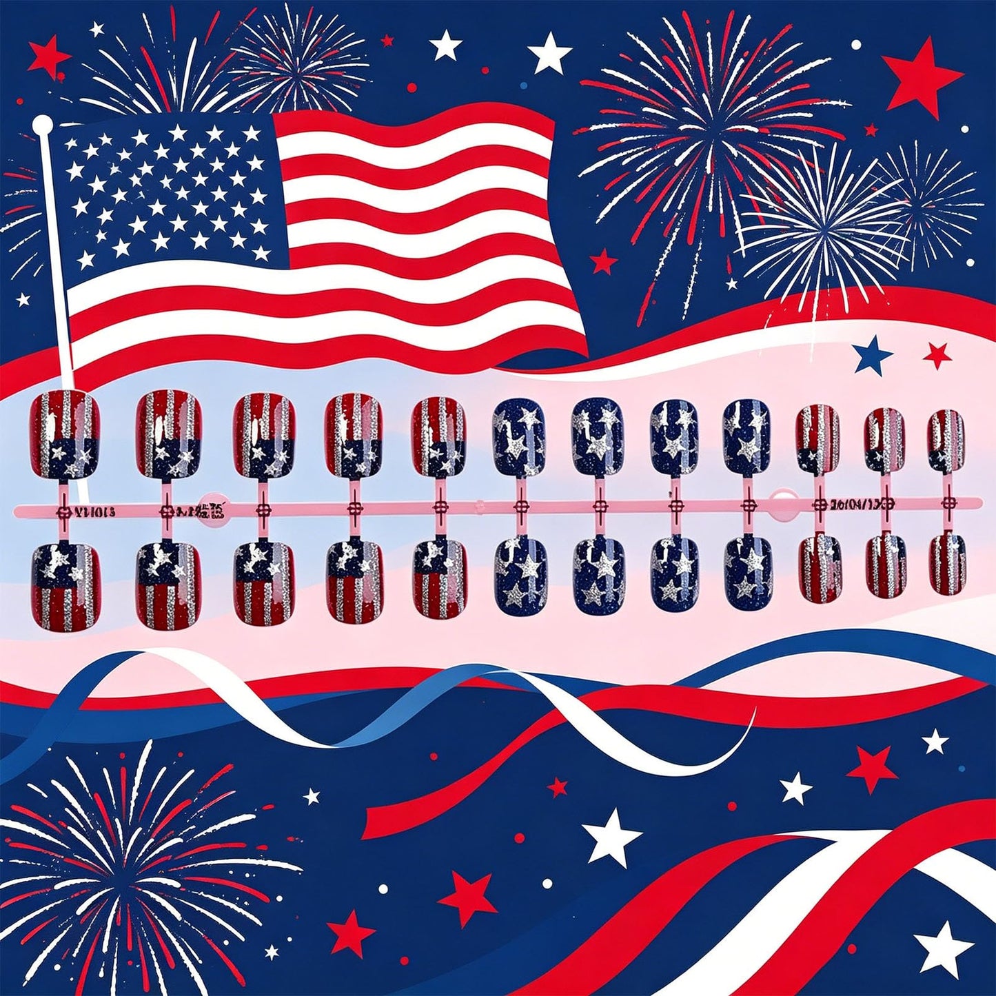 24Pcs 4th of July Press on Nails American Flag Acrylic Fake Nail Patriotic Gel Glue on Nail Fourth of July Short Square False Nails Glossy Silver Glitter Stick on Fingernails for Independence Day Gift