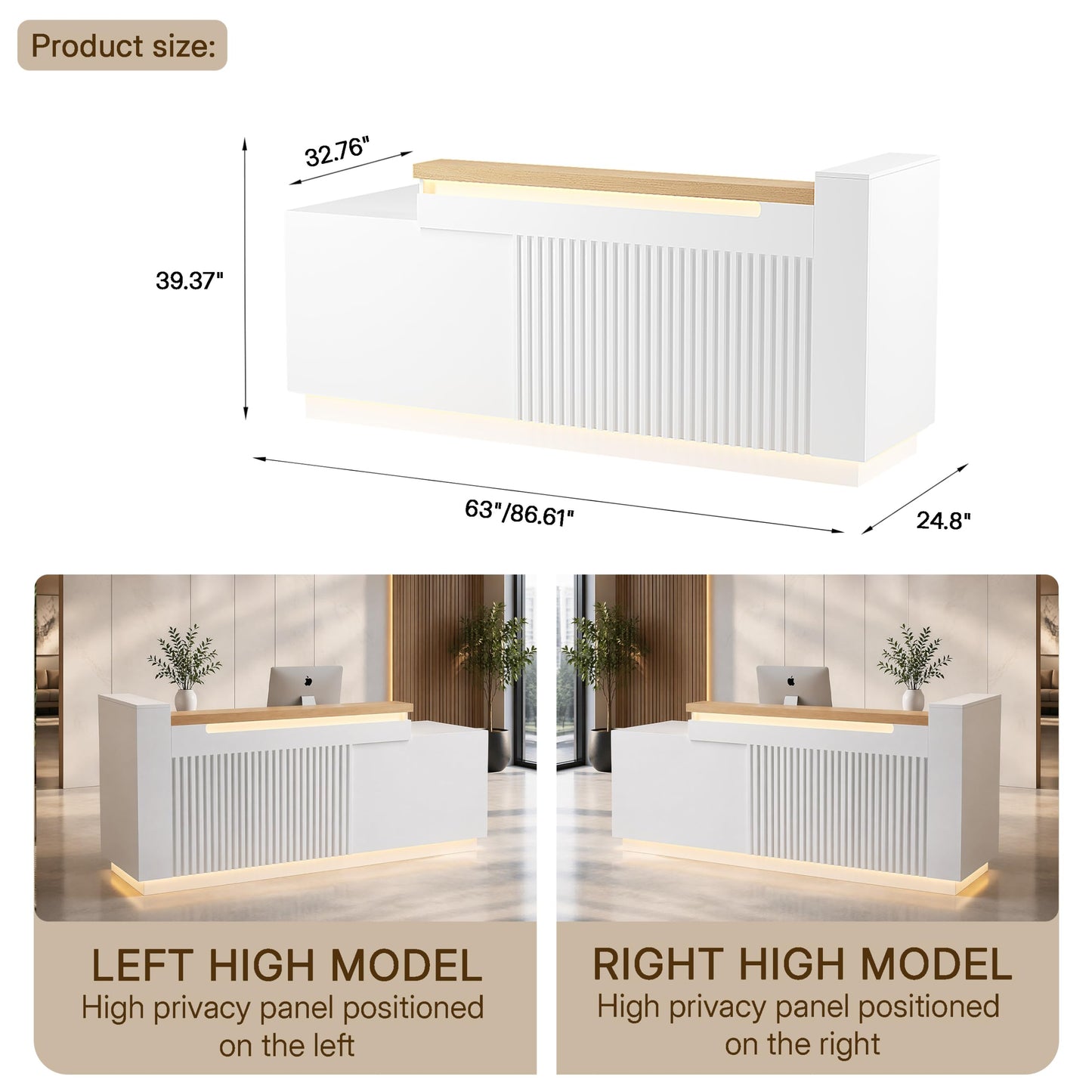 ZIMASYA 63" L-Shaped Reception Desk with Counter, Modern Commercial Front Desk with Power Outlets, Combination Lock Drawers, LED Lights for Office, Beauty Salon, Retail Store, White