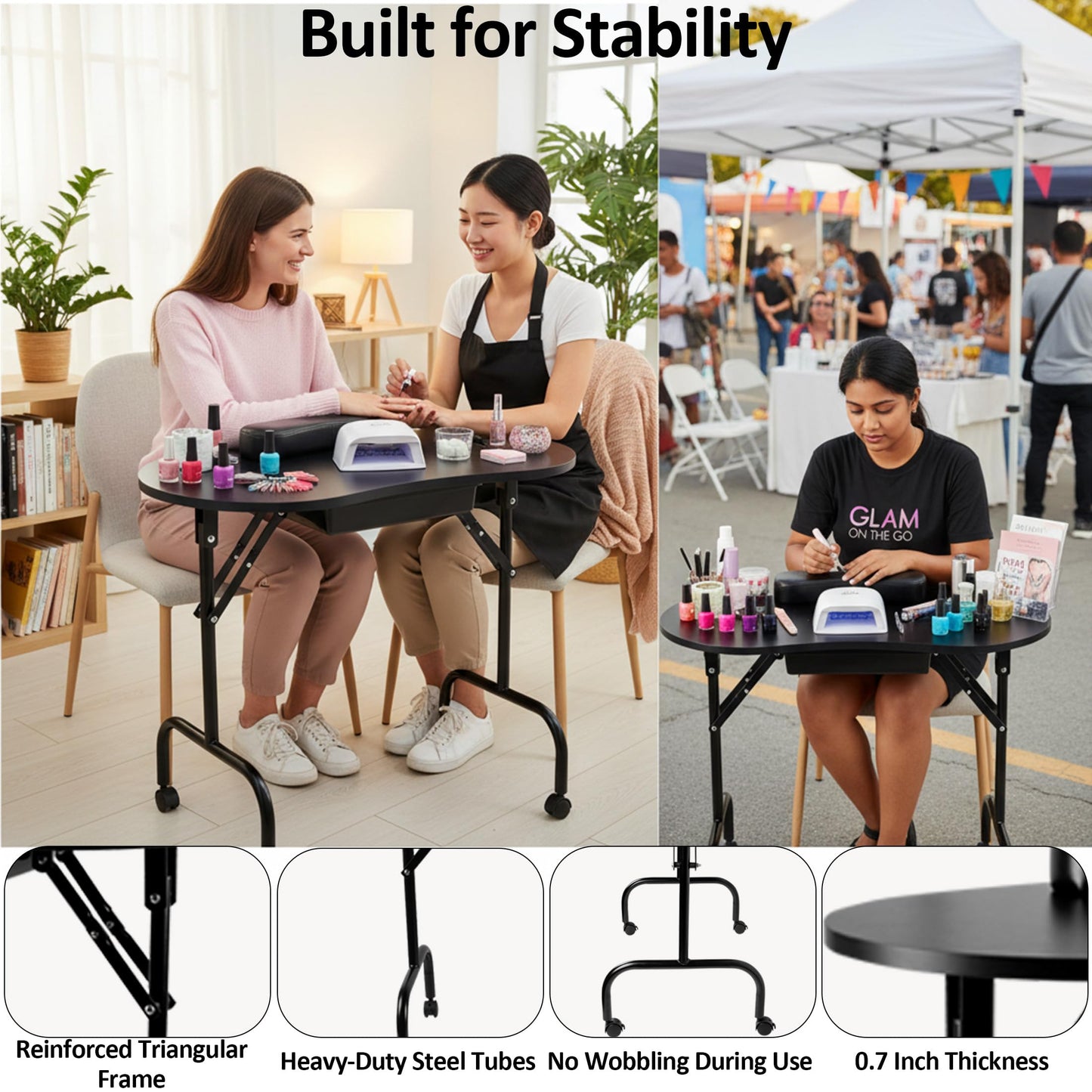 Mohzate Portable Manicure Table Foldable Nail Desk Workstation with Drawer and Wrist Rest Professional Nail Tech Table with Wheels and Carry Bag for Technician Spa Salon and Home Use