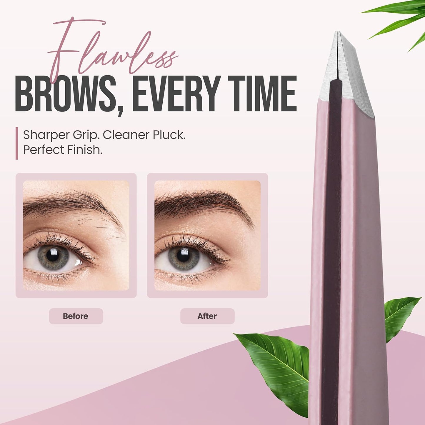 Precision Slant Tip Tweezers - Stainless Steel Eyebrow Plucking Tool for Men & Women | Rose Quartz Finish