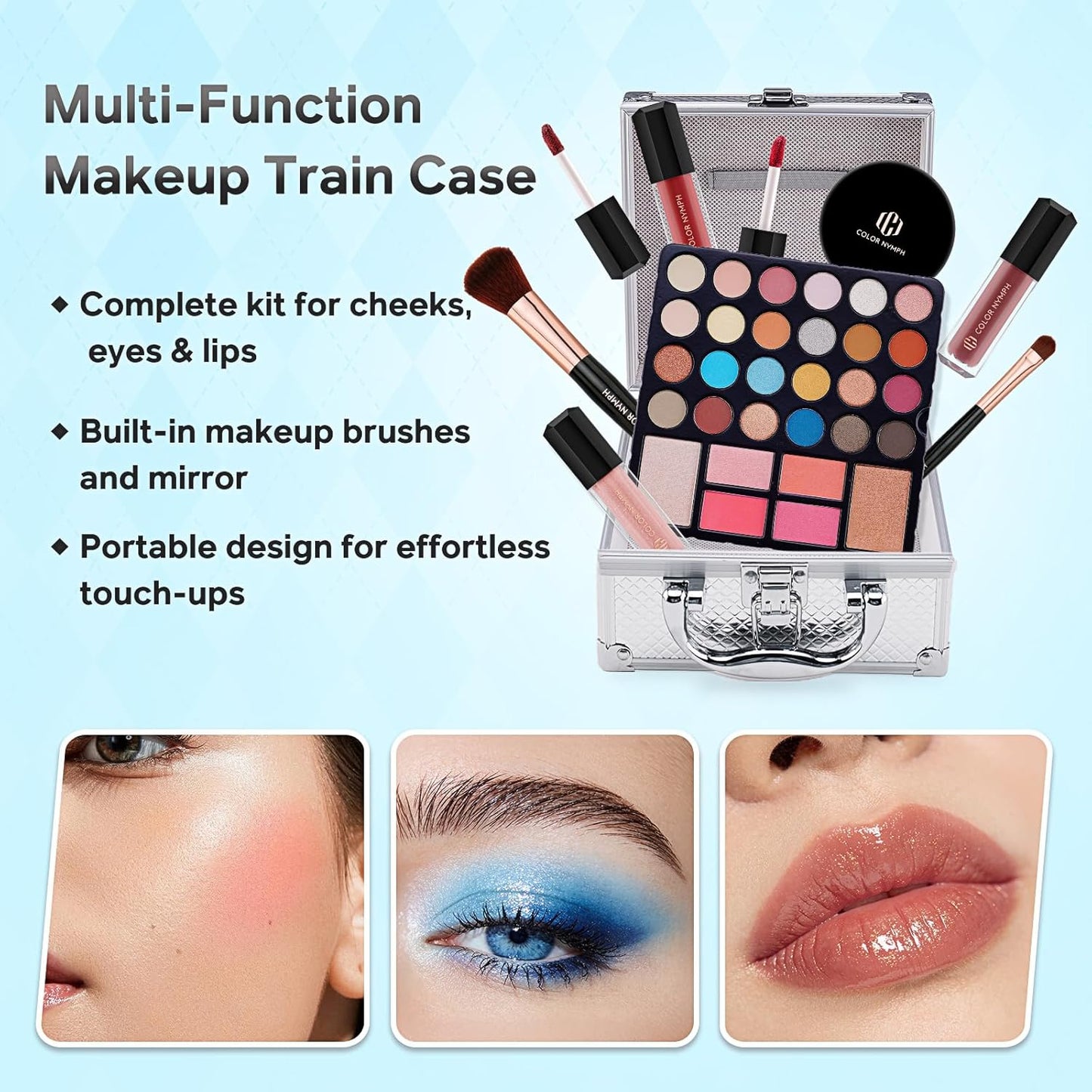 Beginner Makeup Kit for Teens - 24-Color Eyeshadow Palette, Blush, Bronzer & Brushes | Small Cosmetic Train Case Included
