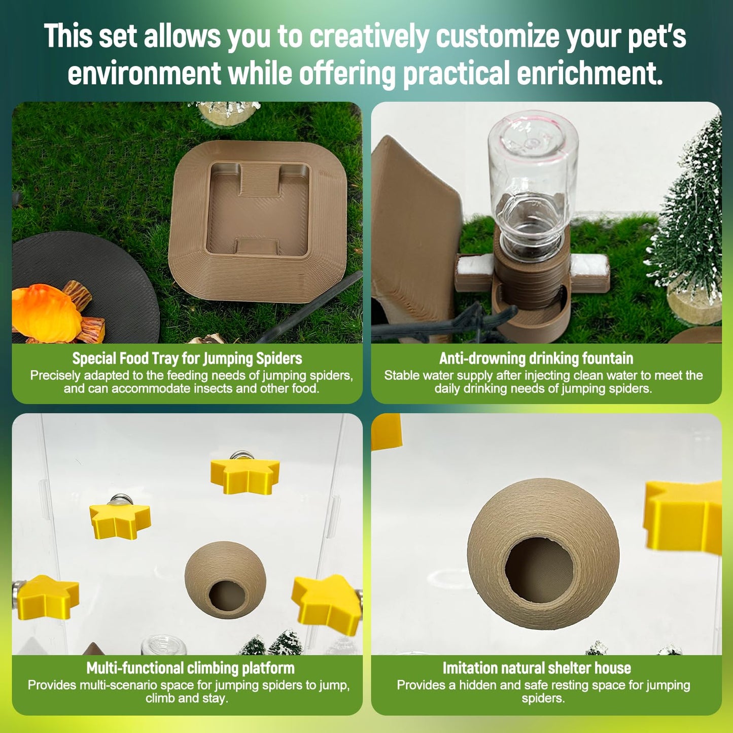 Jumping Spider Enclosure Accessories,with Enclosure Decor Kit,Hide Habitat,Platform,Food Bowl,Water Dispenser for Jumping Spider Habitat (Camping)
