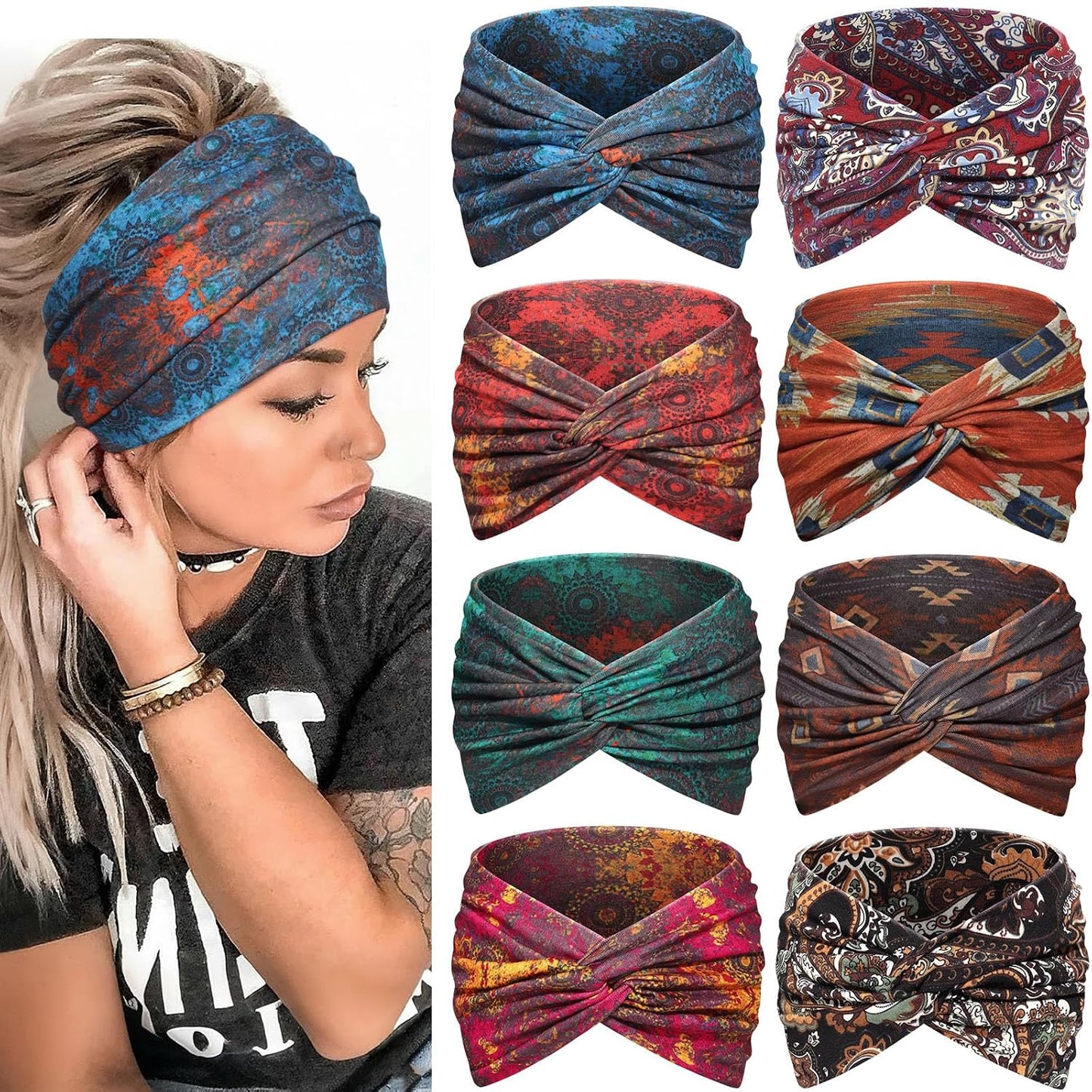 Wide Headbands for Women - 7.08 Inch Thick Boho Turban Hair Wraps | Non-Slip, Moisture-Wicking, 8 Pack Multi Colors