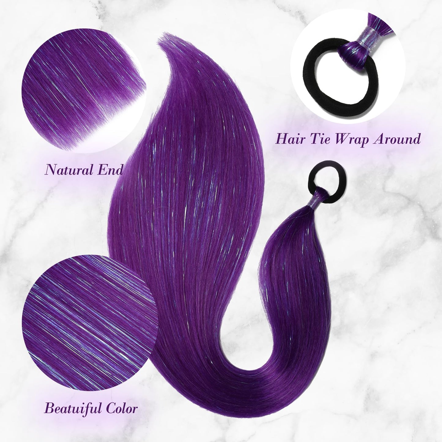 CenXRui Purple Hair Extensions with Tinsel, 26" Long Sparkly Ponytail Hair for Softball, Cheer & Spirit Week, Reusable Color Hair Extensions for Crazy Hair Day, 2 Pack (Purple)