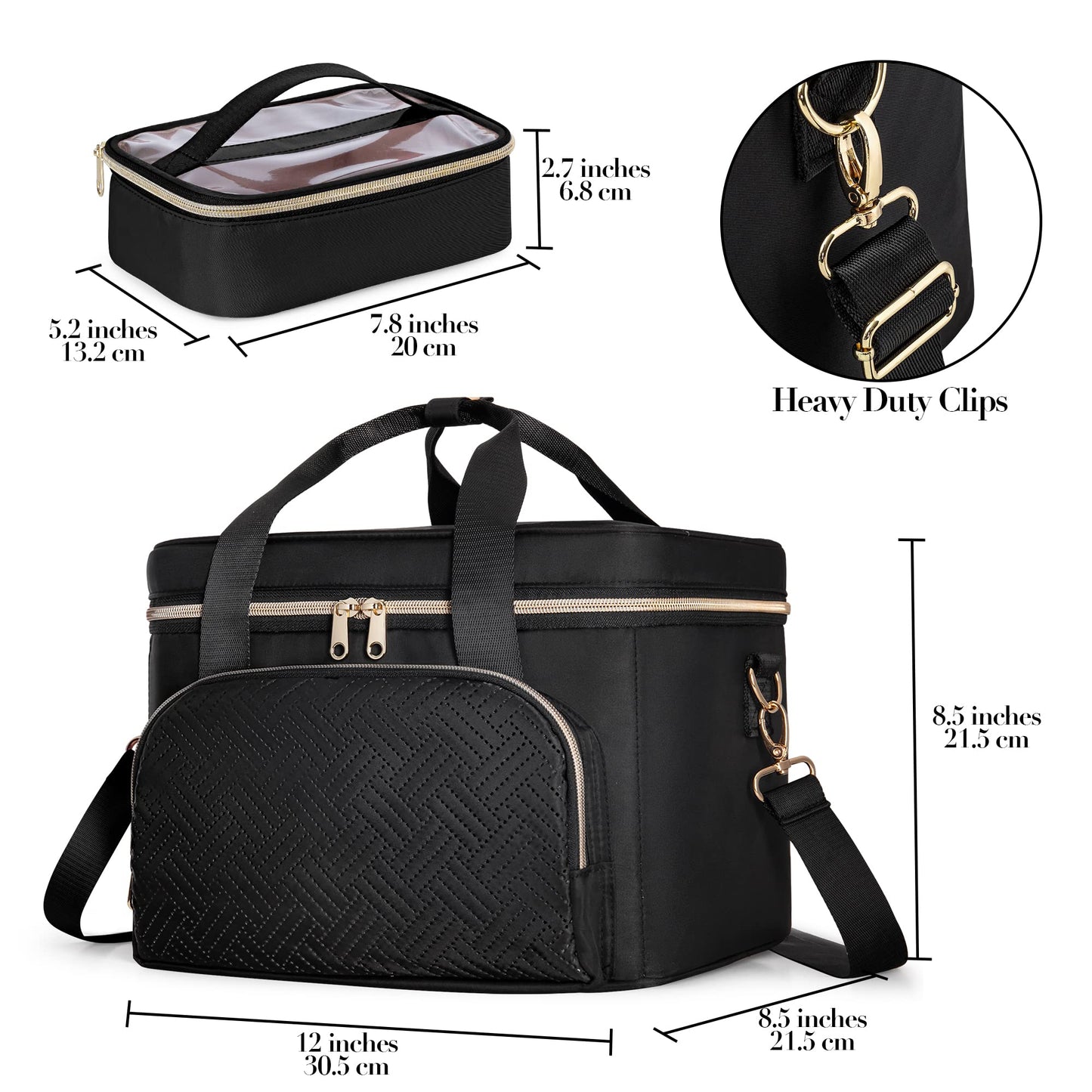Prokva Travel Makeup Bag with 2 Pouches and Adjustable Dividers, Large Cosmetic Case Make up Organizer for Women Fits Bottles Vertically, Black (Patented Design)