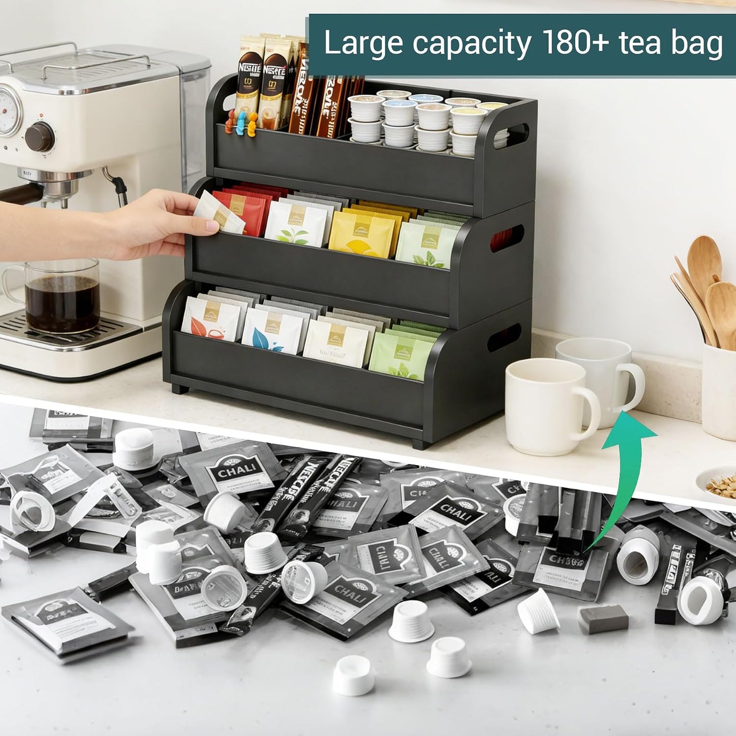 Bamboo Tea Organizer - 3 Layer Stackable Tea Bag Storage Rack | Large Capacity for Kitchen & Office (Black)