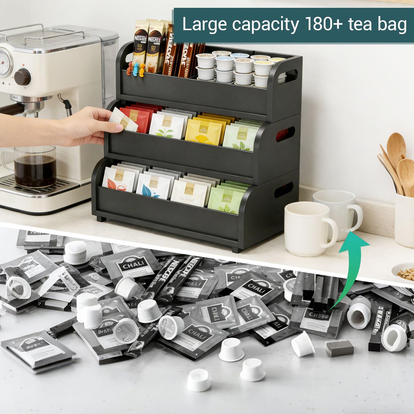 3 Layer Stackable Tea Bags Organizer,Bamboo Tea Organizer Display Rack,Large Capacity Tea Storage Box to Pantry,for Pantry Kitchen Office Coffee Station Restaurants Bars (black)