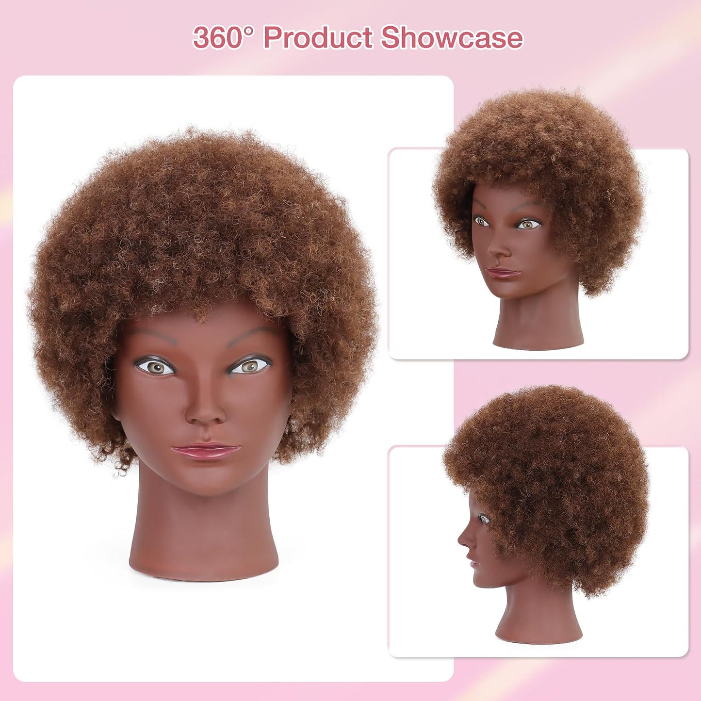 Afro Curly Mannequin Head - 100% Human Hair Cosmetology Doll for Hairdressing Practice | 10'' Brown with Clamp Holder