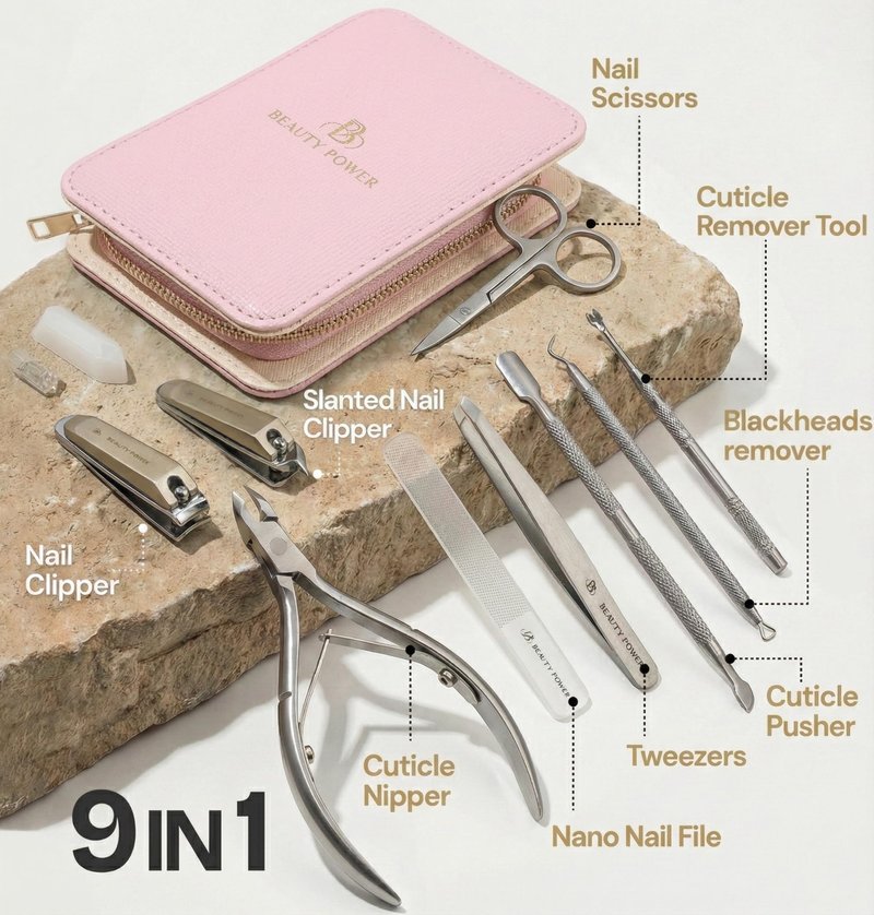 Beauty Power 9 in 1 Professional Manicure Pedicure Set - Stainless Steel Nail Clippers, Nano File, Cuticle Nipper, Scissors, Tweezers, Travel PU Leather Case for Men & Women - Gift Idea - Pink