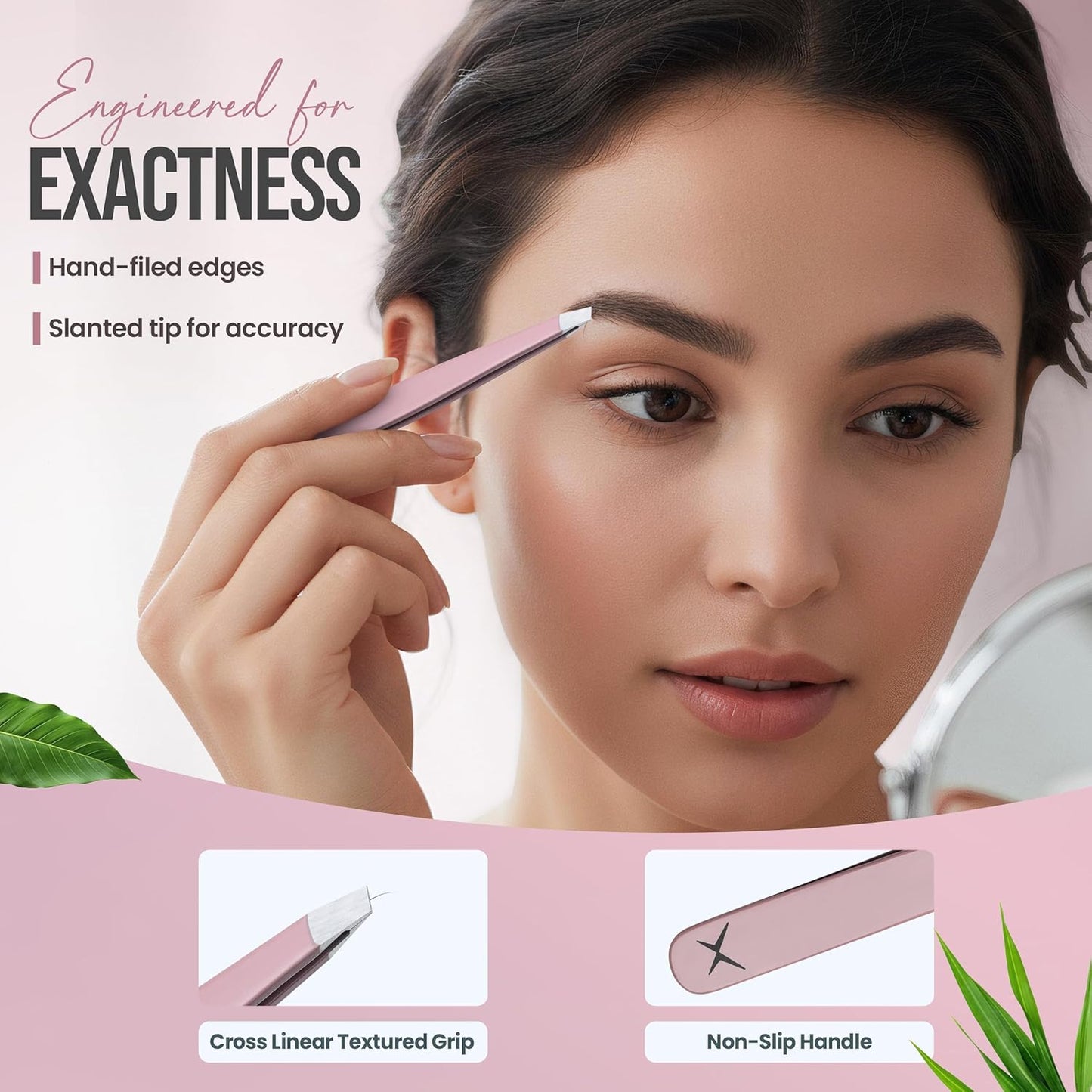 Precision Slant Tip Tweezers - Stainless Steel Eyebrow Plucking Tool for Men & Women | Rose Quartz Finish