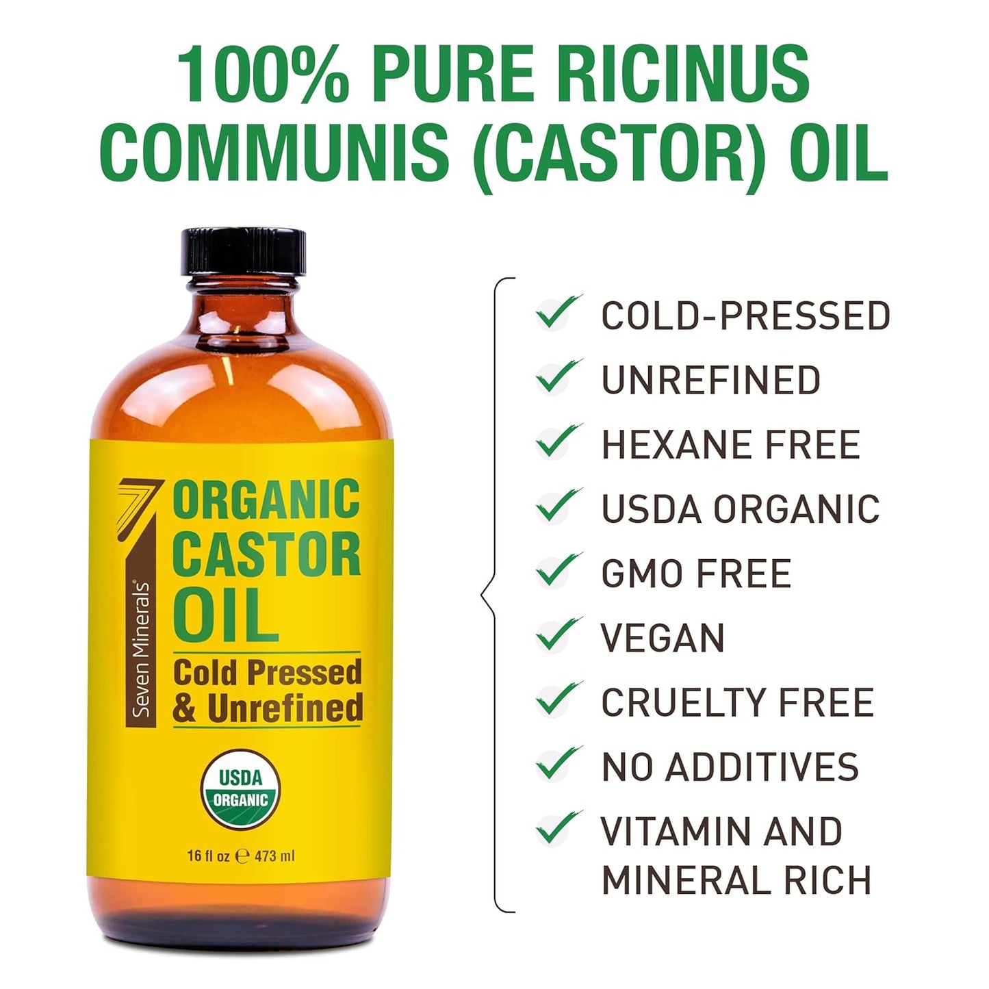 Castor Oil - Organic Cold Pressed Unrefined 16 fl oz Glass Bottle | 100% Pure USDA Certified