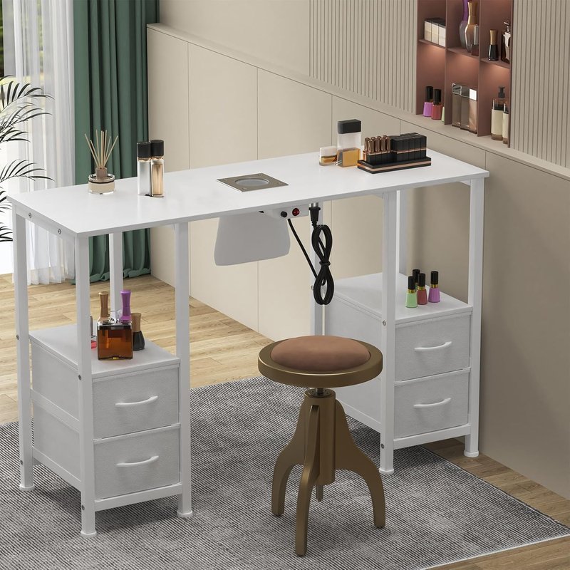 Manicure Table for Nail Tech - Professional Nail Station with 4 Storage Drawers & Dust Collector | White