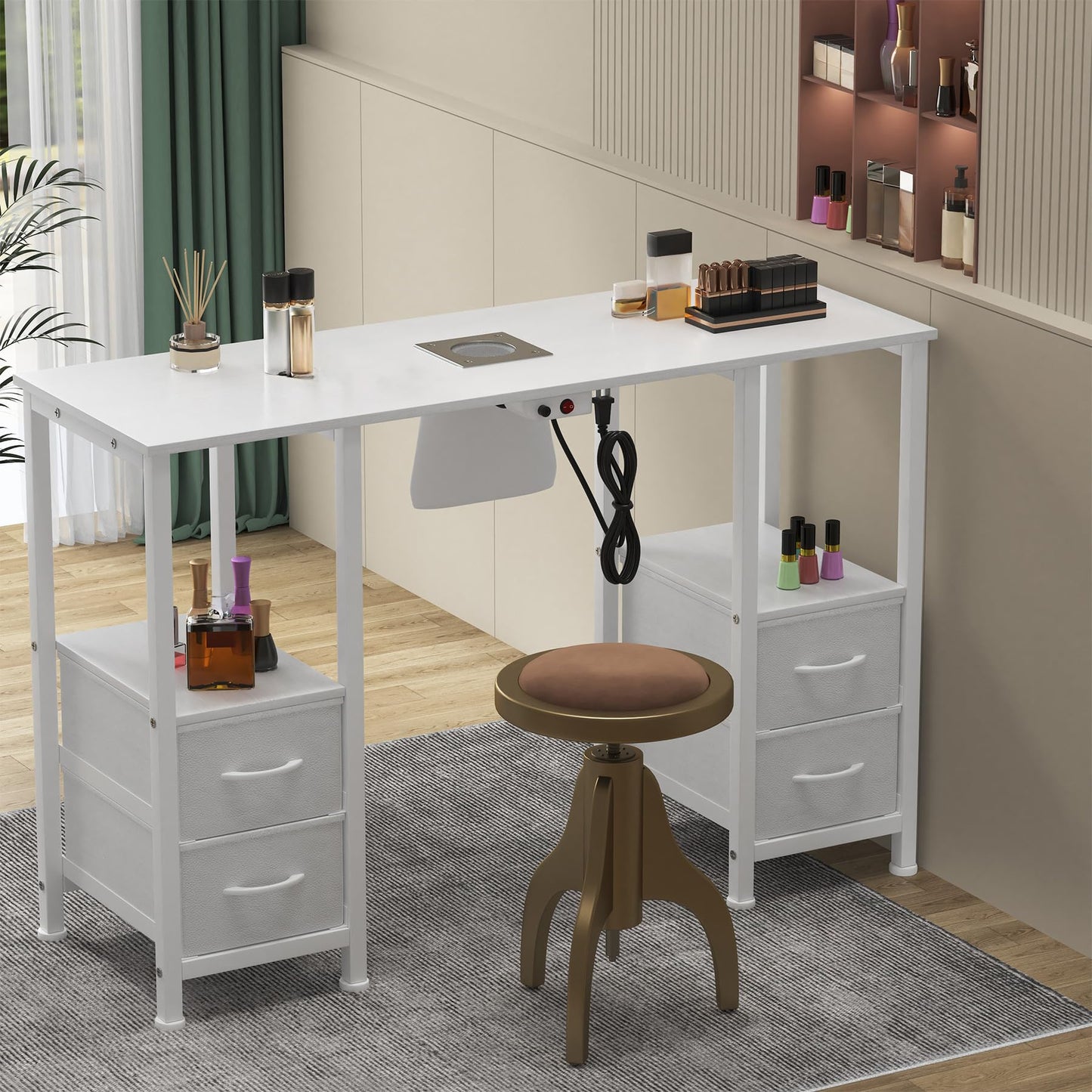 WODRAWER Manicure Table for Nail Tech, Nail Tech Table Station w/4 Storage Drawers & 2 Open Shelves, Nail Table w/Dust Collector for Beauty Salon Tech Station (White)