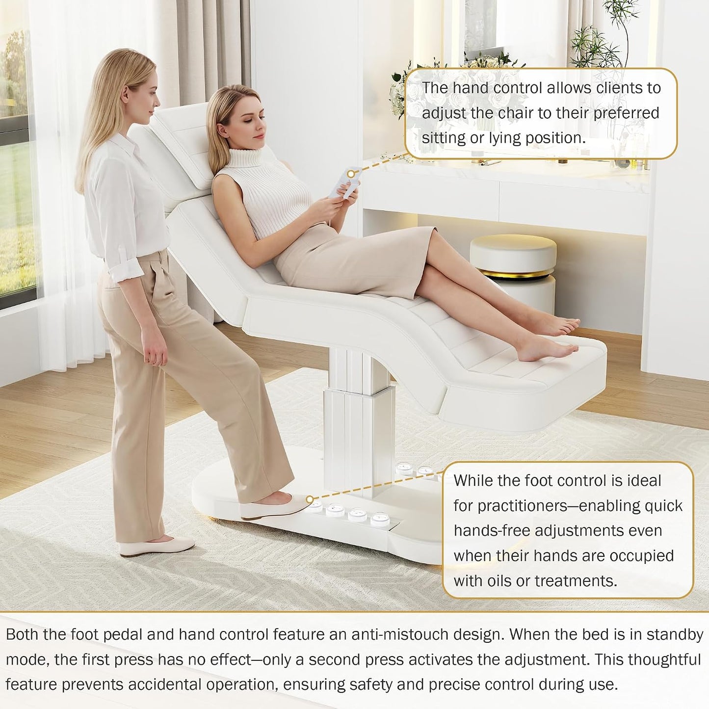 Electric Spa Table with LED Light - 3 Motor Height Adjustment, Adjustable Backrest & Leg Support | White