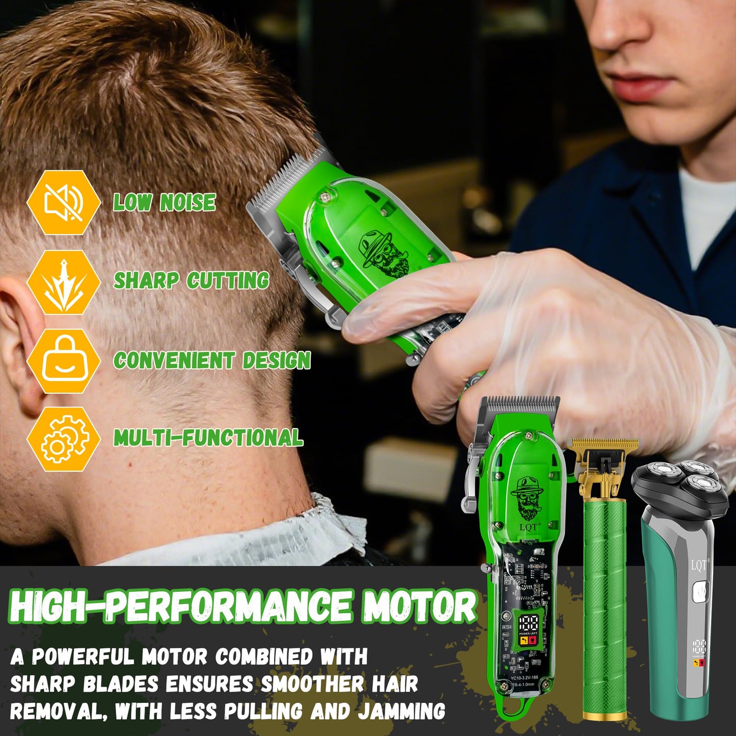 LQT Professional Cordless Hair Clippers and Beard Trimmer Kit for Men, USB Rechargeable Hair Cutting Machine with 3D Floating Shaver, LED Display, Transparent Design, Grooming Gift Set, Home & Barber