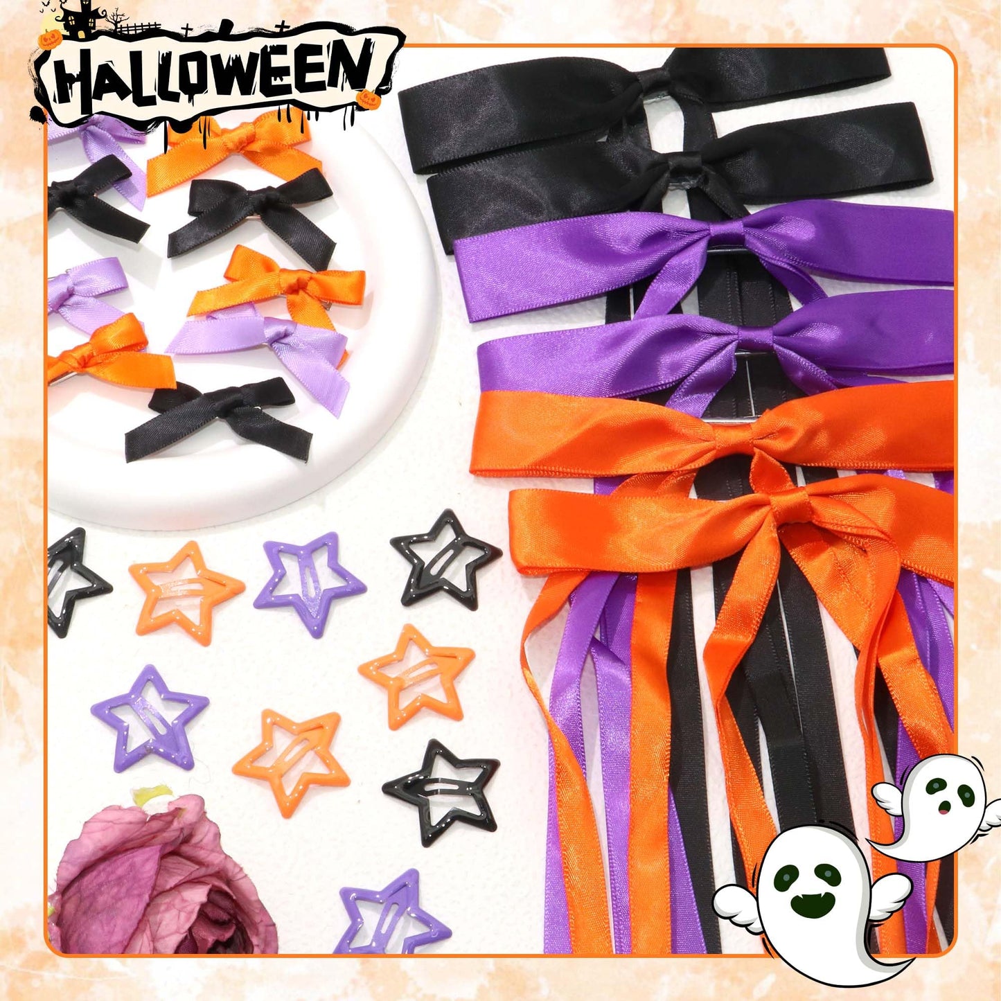 STGDAK 24 Pcs Halloween Hair Bows Ribbon Long Tailed Y2k Star Hair Clips Cute Girls Bows Black Purple Orange Bow Barrettes Mini Star Clip Gothic Halloween Hair Accessories For Girls Women Teens Party