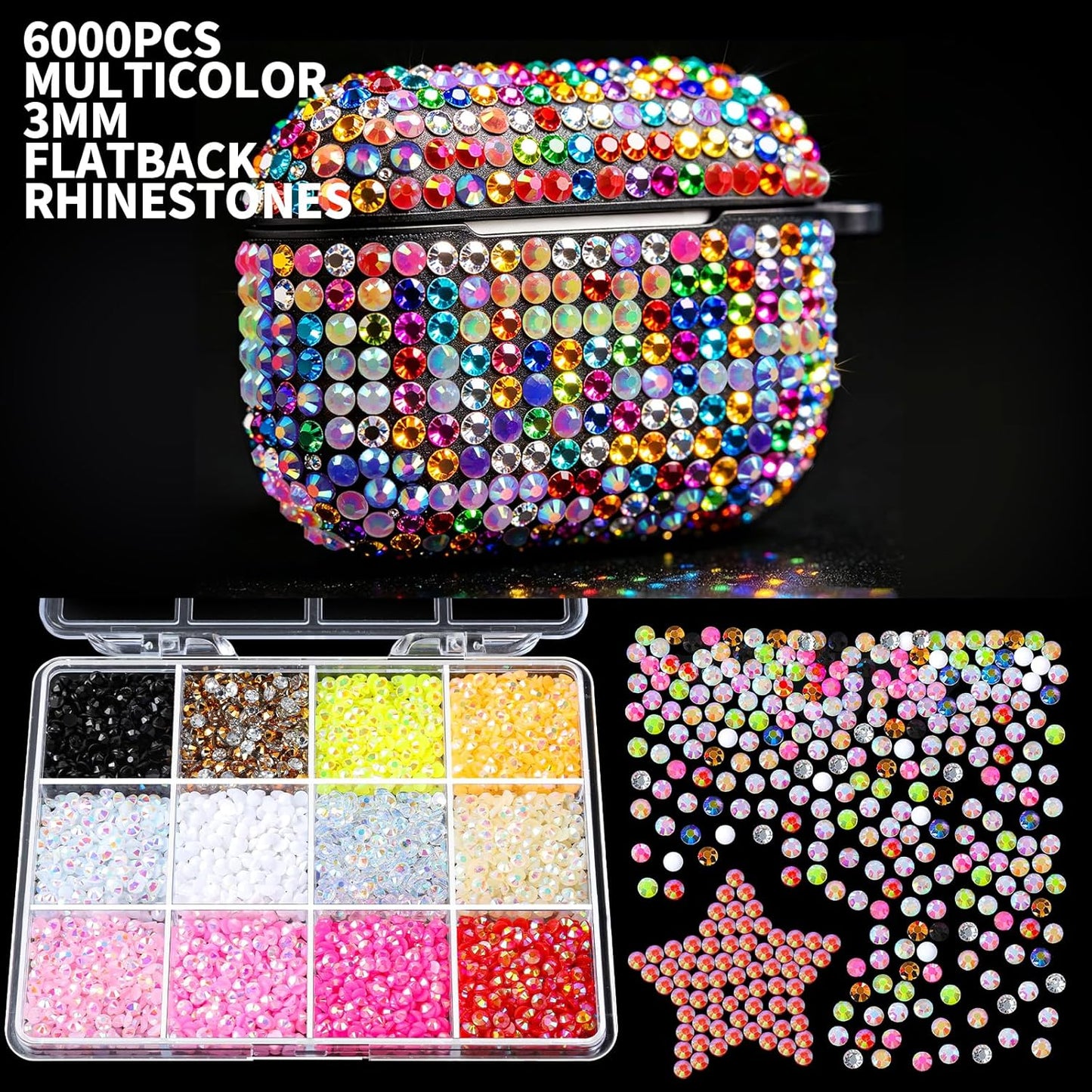Bedazzling Rhinestone Kit - 25000PCS Multicolor AB 3mm Flat Back Gems for Crafts | Includes 3PCS Jewelry Glue