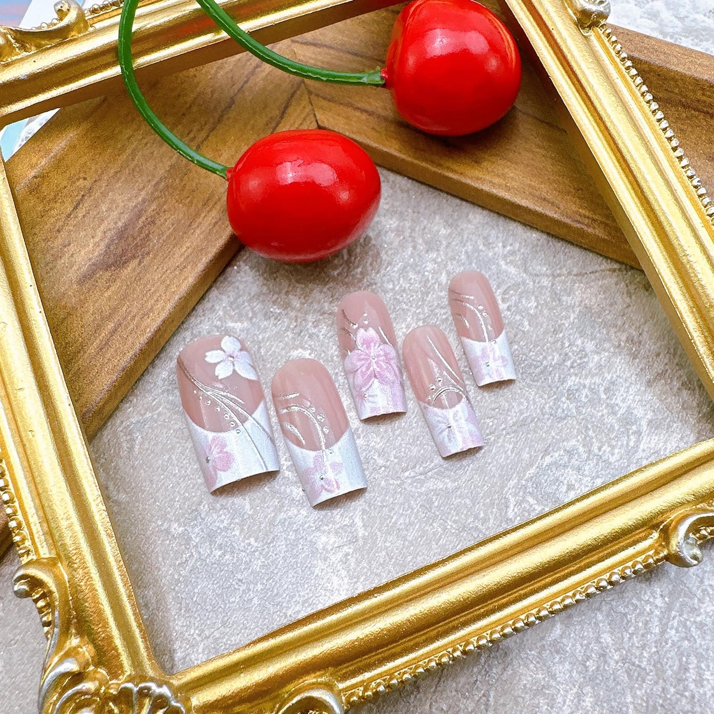 Pink Press-On Nails - 24Pcs Medium Coffin Acrylic Nails with Silver Lines & 3D Flower Design | Floral Full Cover