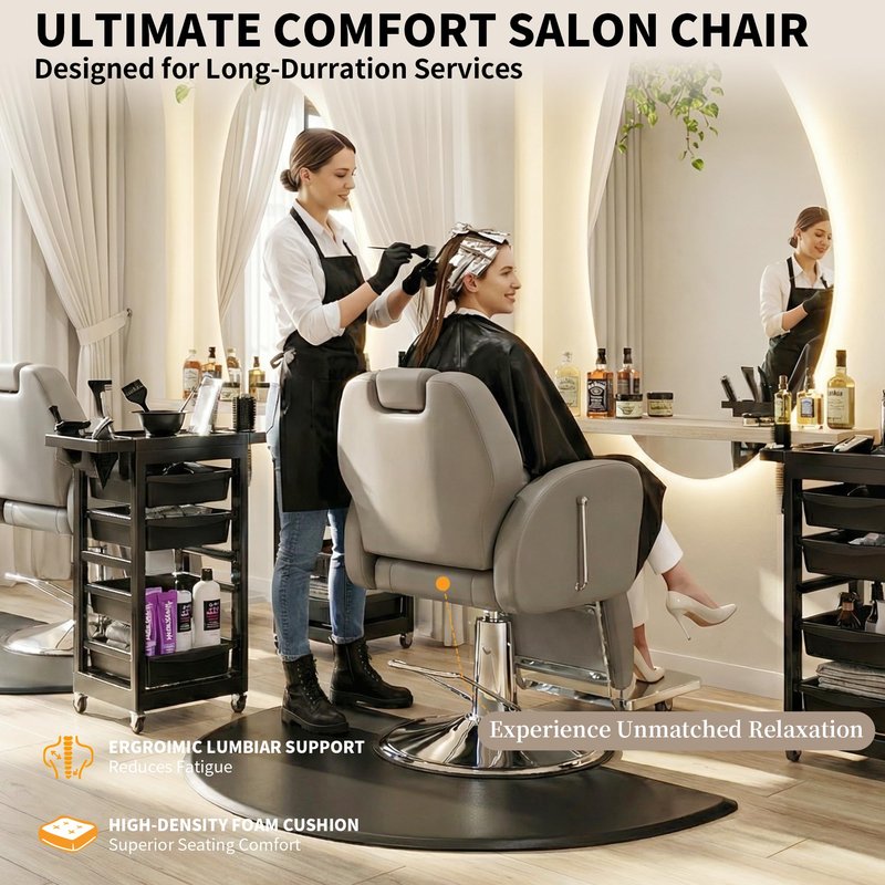 Baasha Heavy Duty Reclining Barber Chair - Grey Hydraulic Salon Chair for Facials, Lash Extensions, Tattoo & Braiding - 165° Recline with Leg Rest, Stainless Steel Base
