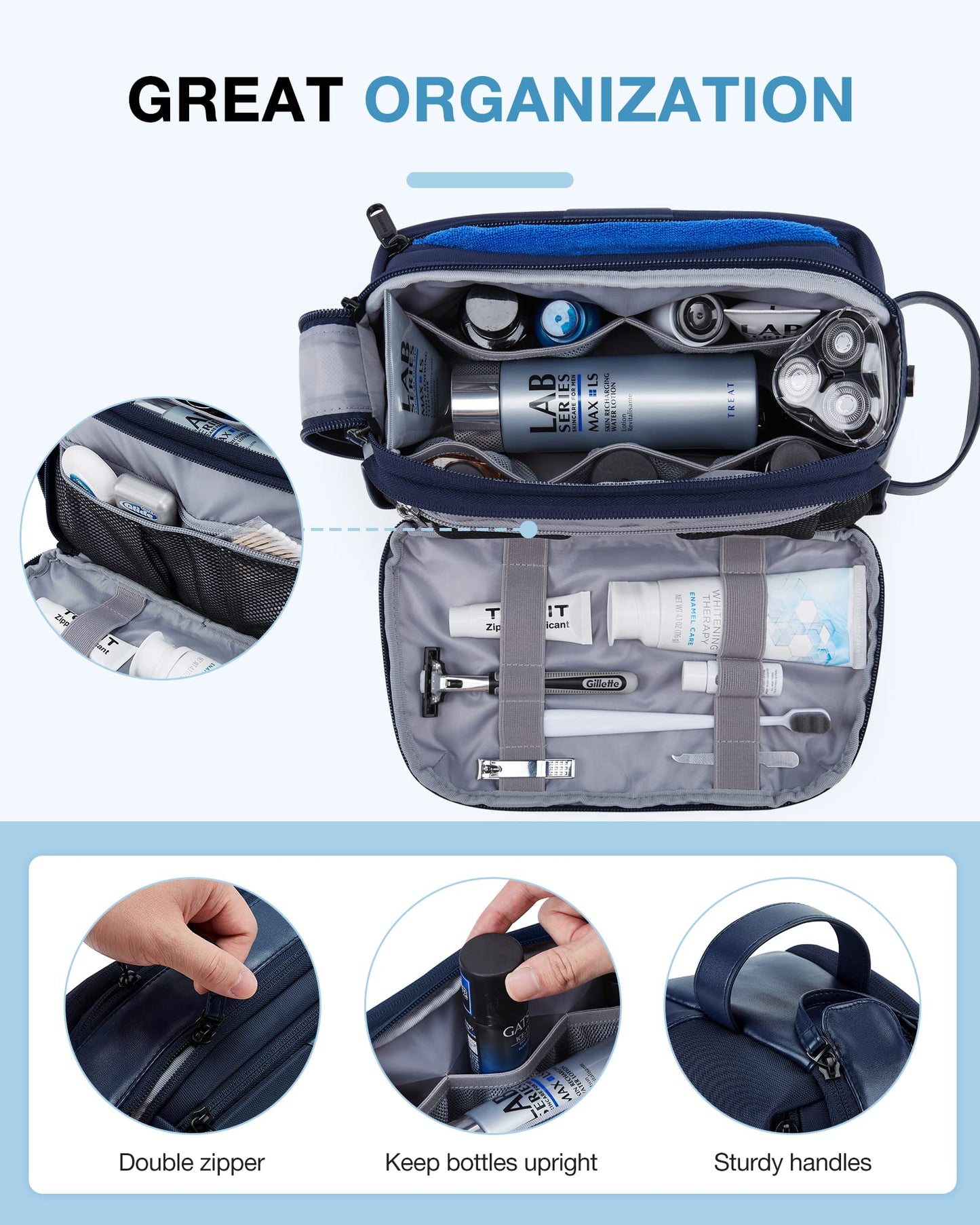 BAGSMART Toiletry Bag for Men, Large Travel Toiletry Organizer, Dopp Kit Water-resistant Shaving Bag for Toiletries Accessories - Nvay Blue