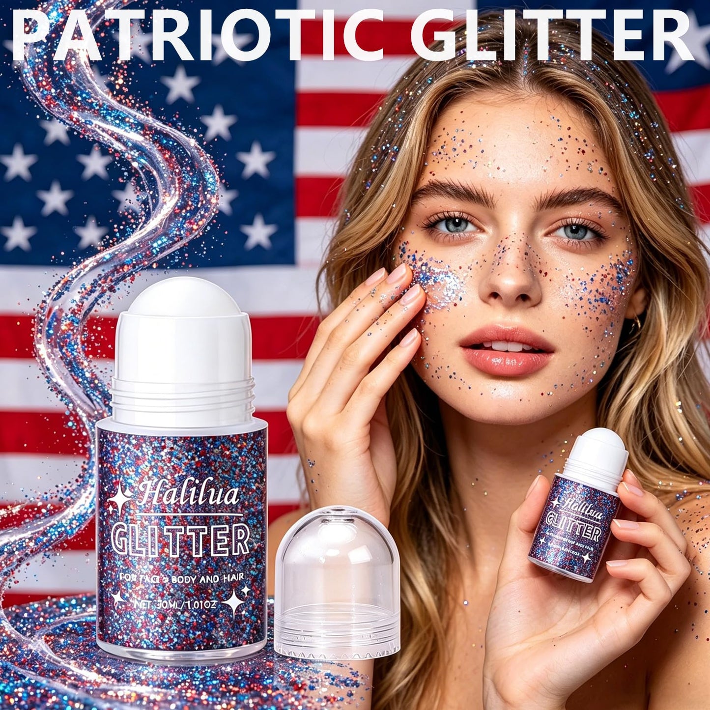 Red White and Blue Body Glitter Gel,4th of July Accessories Roll-on Face Glitter,Sparkling Face Hair Glitter for 4th of July Outfits Women Kids,Patriotic Glitters President's Day Rave Festival Makeup