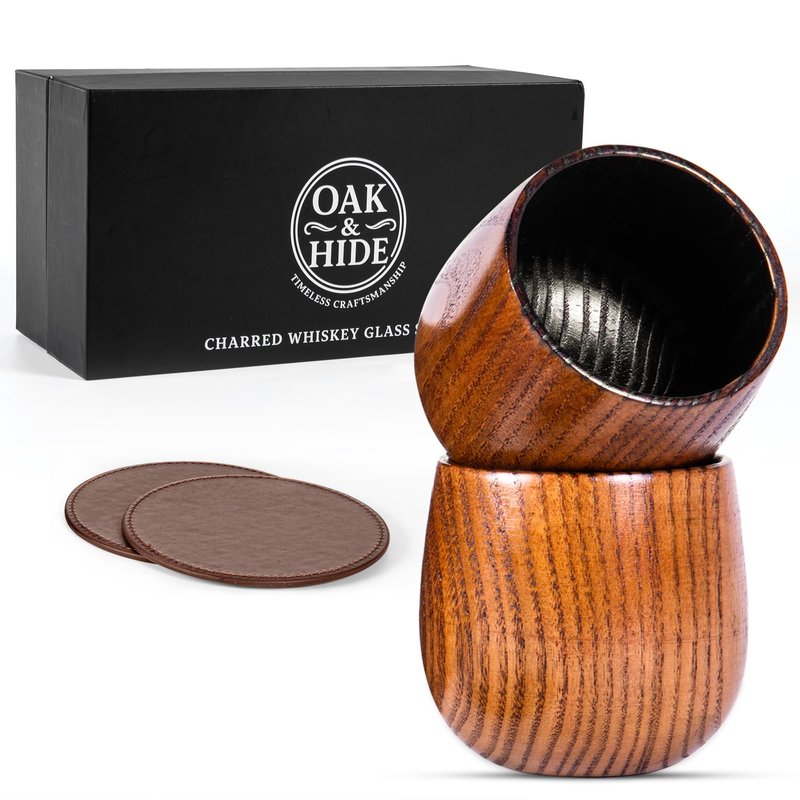 BRGHN Oak & Hide Charred Oak Whiskey Glasses Wooden Set of 2 with 2 Premium Leather Coasters – Perfect Birthday, Anniversary, Bachelor, or Father’s Day Gift for Men