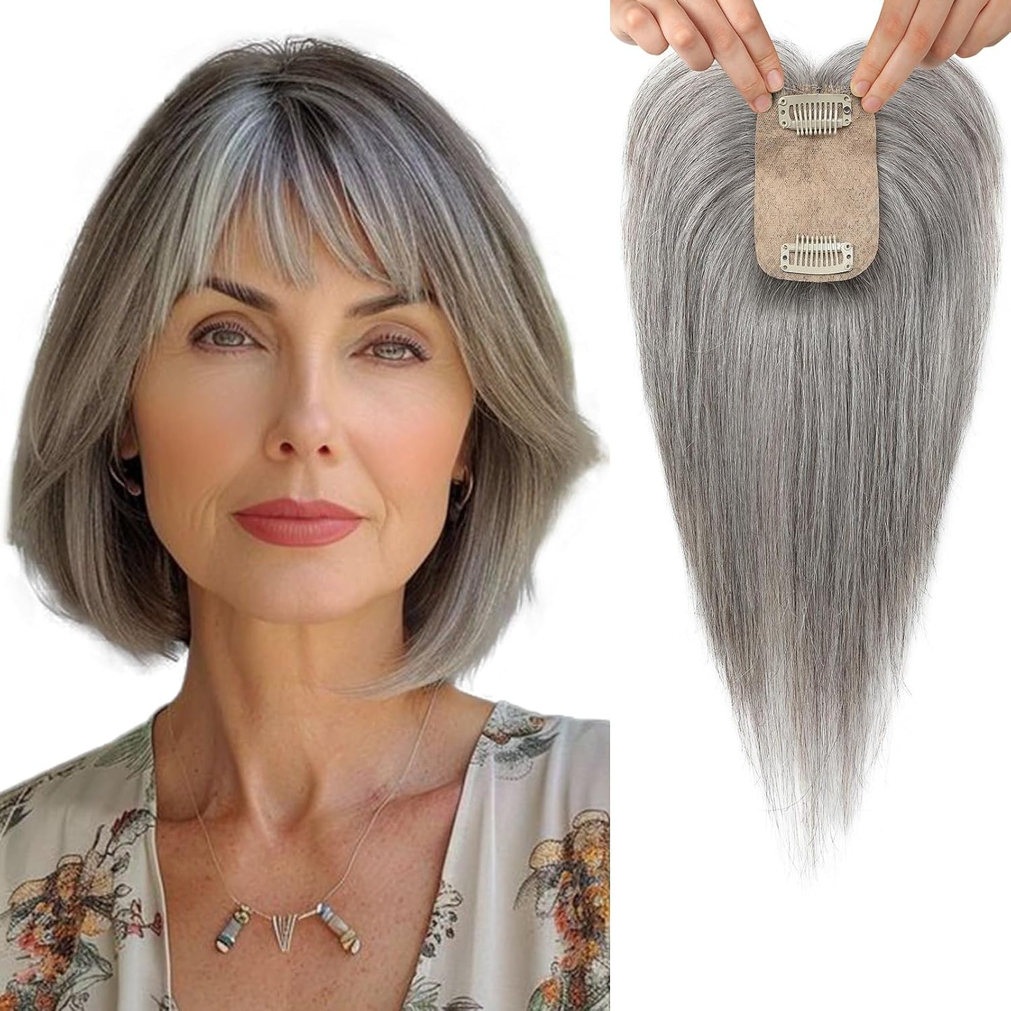 Real Human Hair Toppers for Women - 10 Inch Clip-In Bangs | 150% Density Silk Base - Medium Brown with Blonde Highlights