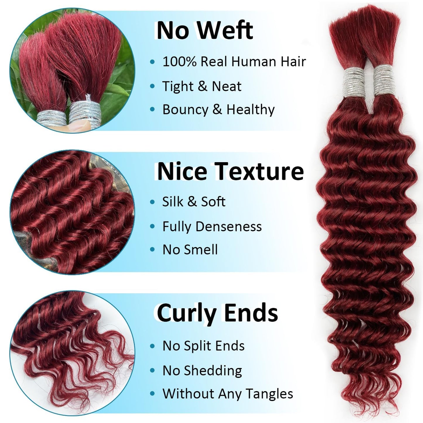 #99J Burgundy Human Braiding Hair for Boho Braids 30 30 30 Inch 150g Deep Water Bulk Human Hair Knotless Boho Braiding Deep Wave No Weft Extensions Bohemian Braids 3 Bundles/Pack Caramel