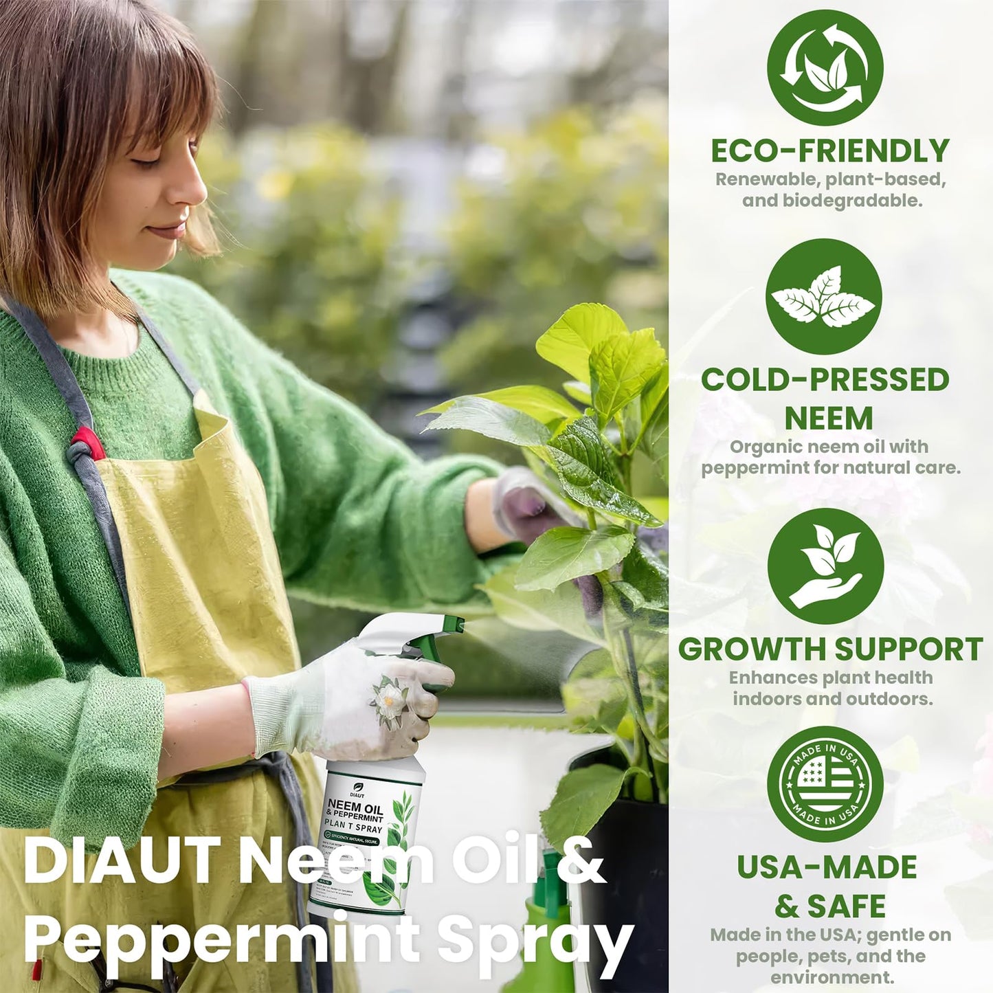 DIAUT Neem Oil Spray for Plants with Peppermint Oil, Easy Ready to Use Natural Plant Wash and Foliage Care for Indoor and Outdoor Plants, Gardens, Houseplants & Vegetables, 16 oz