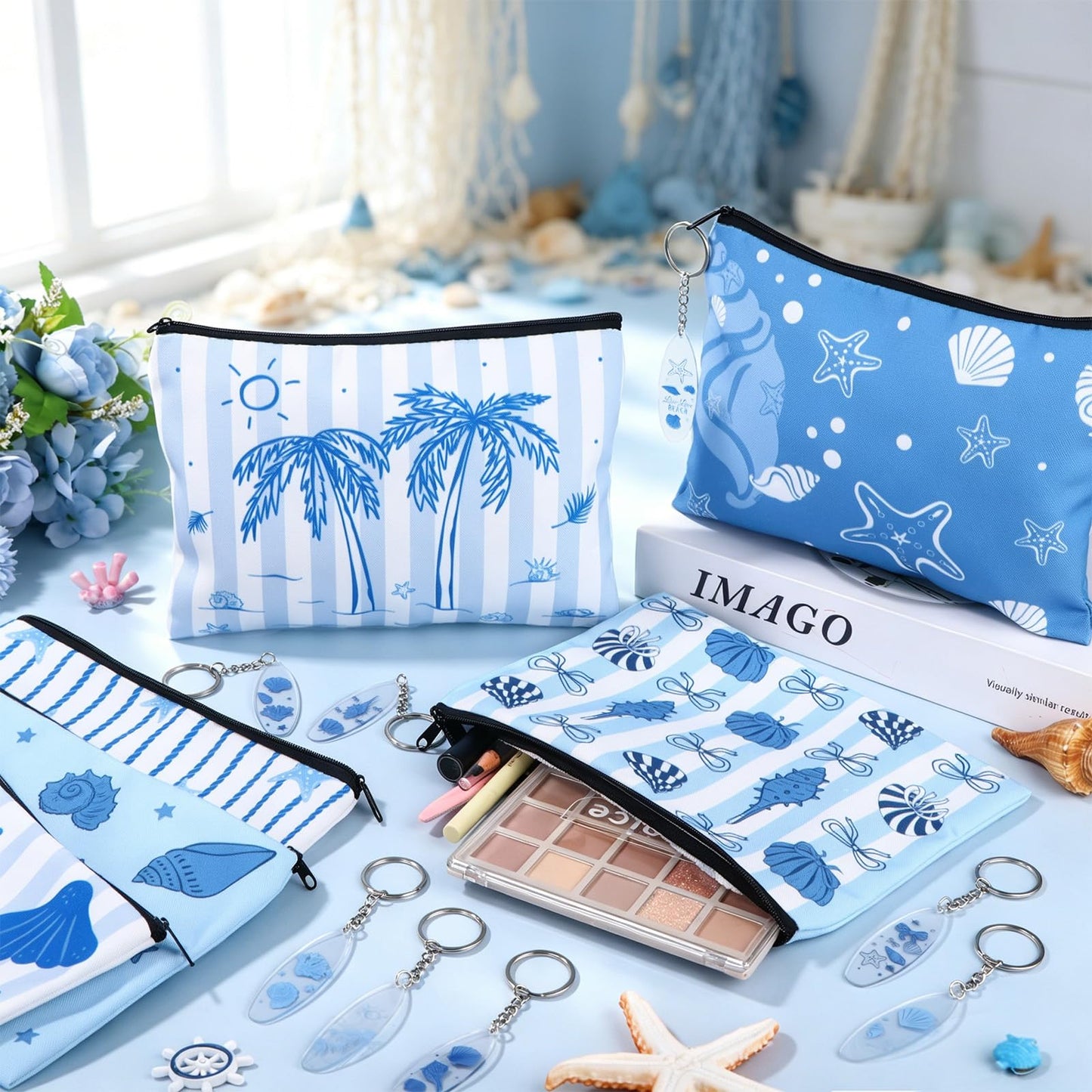 24 Pcs Ocean Themed Cosmetic Bags Bulk Gifts Include Blue Coastal Canvas Zipper Makeup Bags Ocean Keychain Starfish Seashell Portable Travel Toiletry Pouches for Girl Summer Beach Birthday Supplies