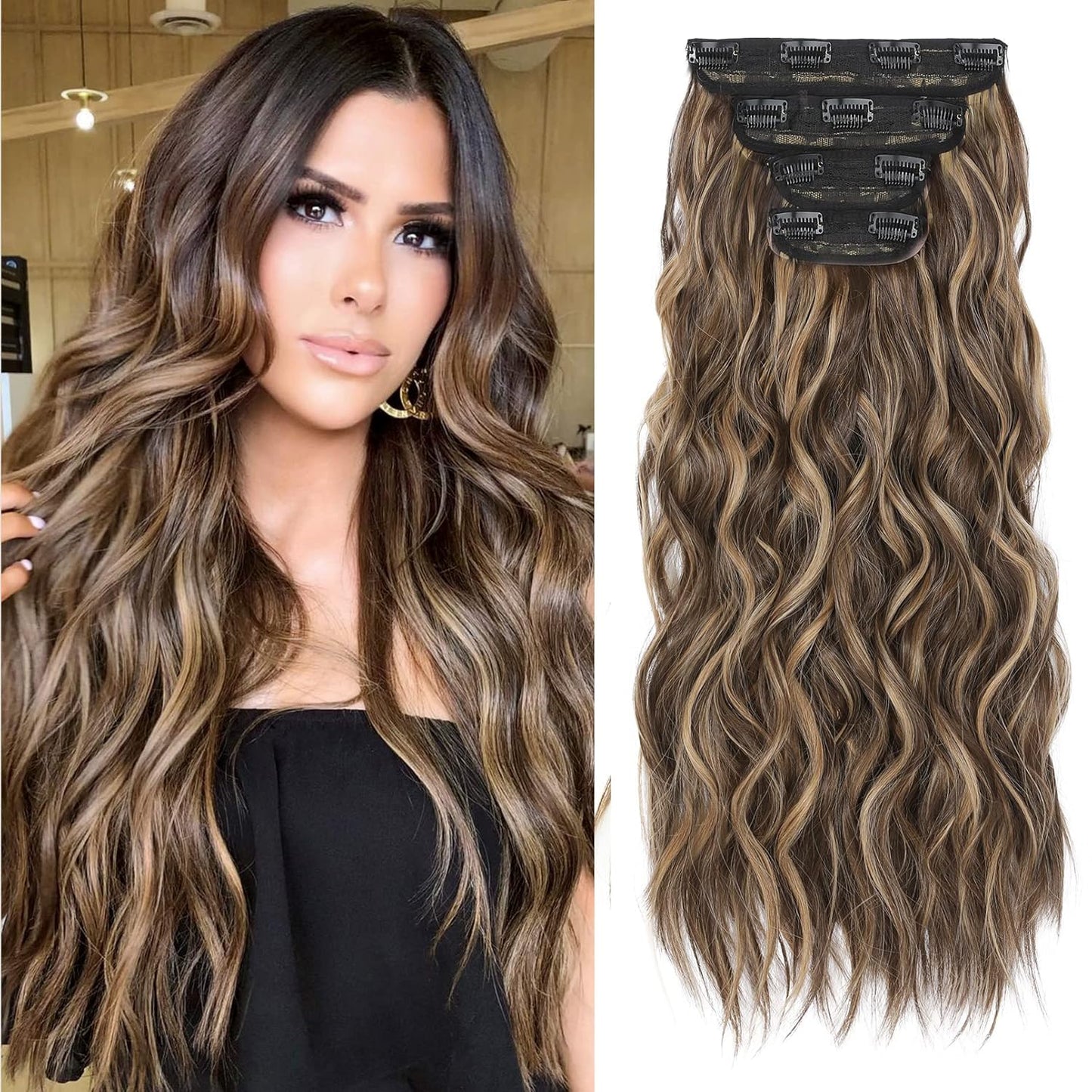 Clip-In Hair Extensions - 4PCS Natural Soft Synthetic Hairpieces for Women | Chocolate Brown