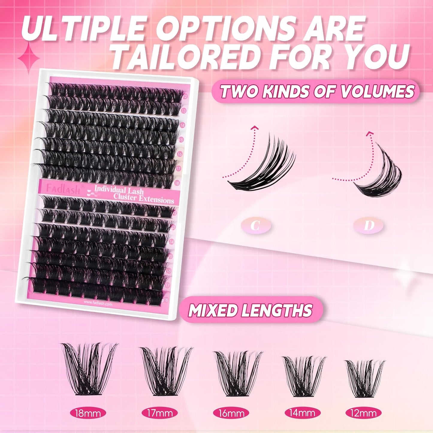 Cluster Lashes - D Curl Wispy Individual Eyelash Extensions for Natural Look | Reusable Fluffy DIY Kit (12-18mm Mix)