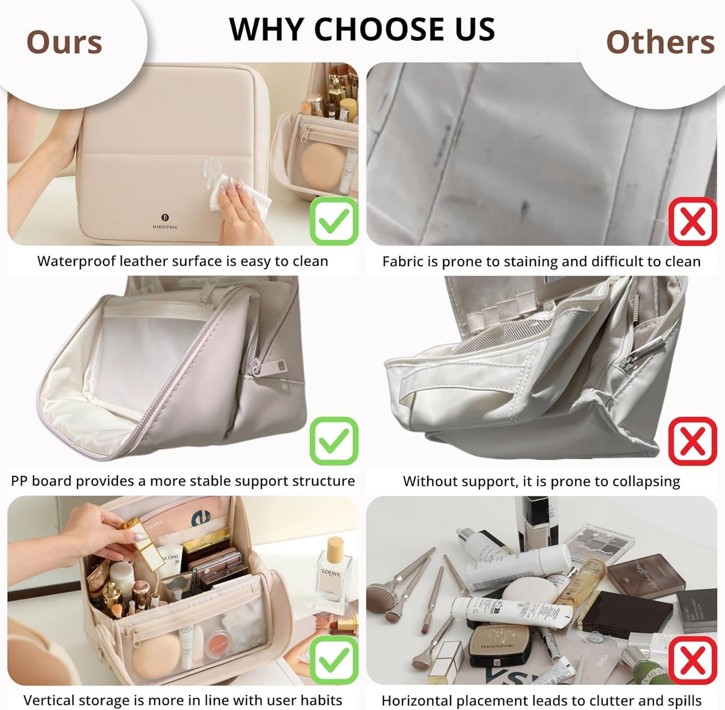 Travel Makeup Bag - Waterproof Leather Cosmetic Organizer for Women | Multi-Zone Storage, Cream, X-Large