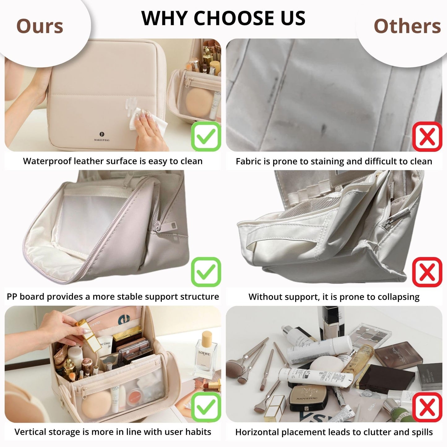 tianzong Travel Makeup Bag with Magnetic Fold-Down Flap, Waterproof Leather Cosmetic and Toiletry Organizer for Women, Multi-Zone Standing Storage, Cream, Large