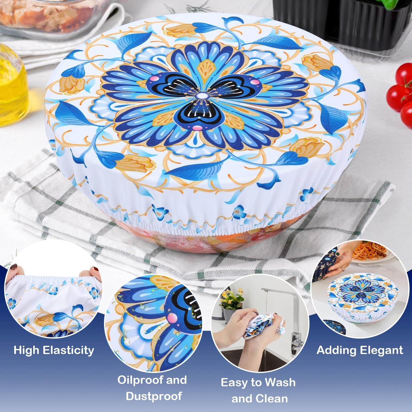 Revahope 5 Pieces Bowl Covers Reusable, 5 Size Elastic Cloth Bowl Covers for Bread Proofing Stretch Food Covers Washable for Food Fruits Leftover (Lozenge Floral)