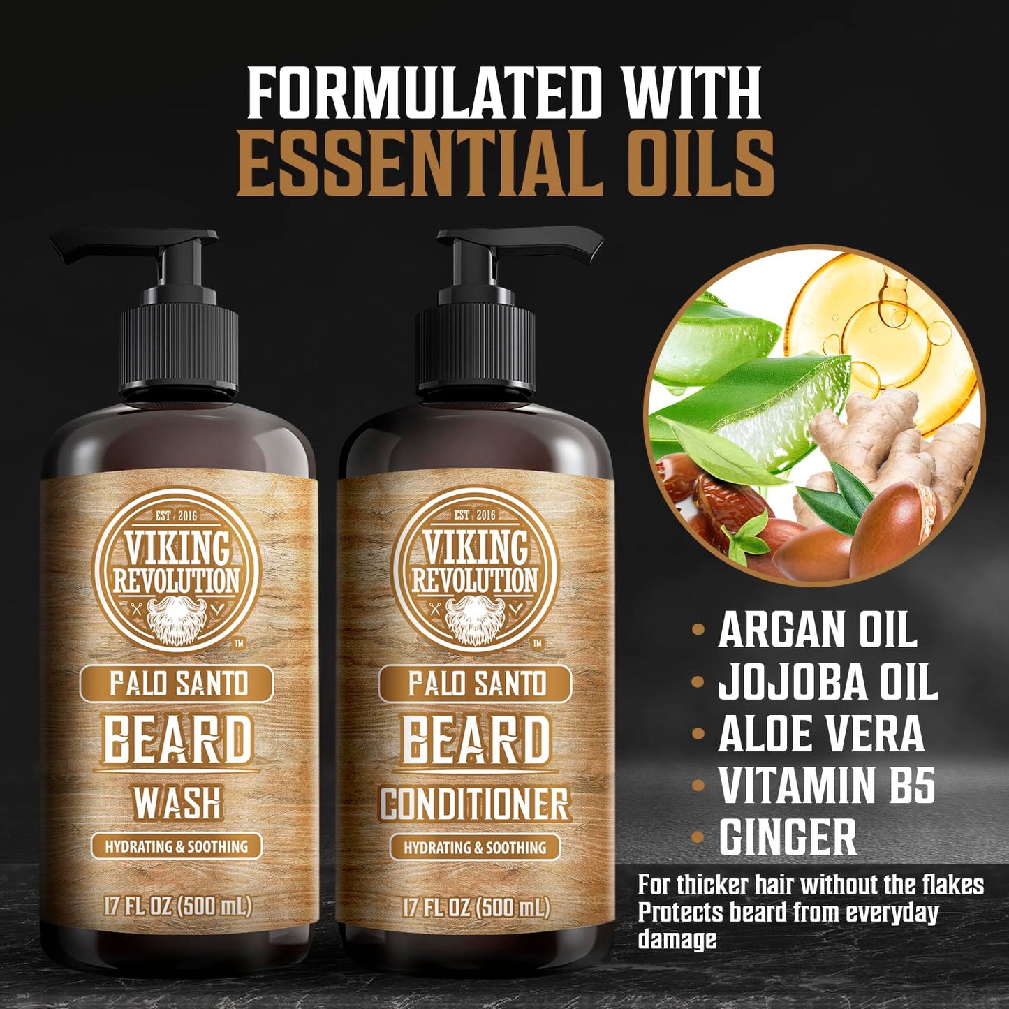 Viking Revolution Beard Wash & Beard Conditioner Set with Palo Santo Scent - Softens and Strengthens for Mens Hygiene Beard Shampoo with Beard Oil (2pack, 17 oz)
