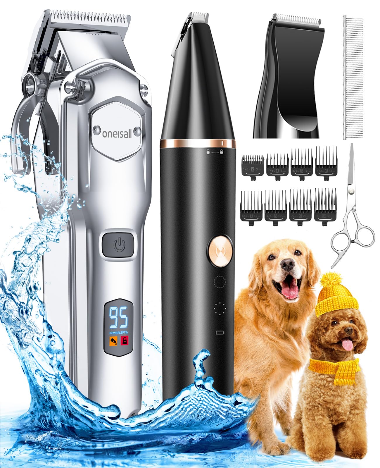 oneisall Dog Grooming Kit for Heavy Thick Hair, with Stainless Steel Blade and Paw Trimmer, Low Noise Rechargeable Cordless Waterproof Dog Clippers for Grooming Animals&Pets