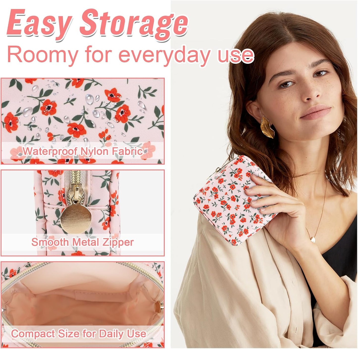 Floral Makeup Bag - Cute Pink Nylon Zipper Pouch for Travel | Waterproof Cosmetic Organizer for Women